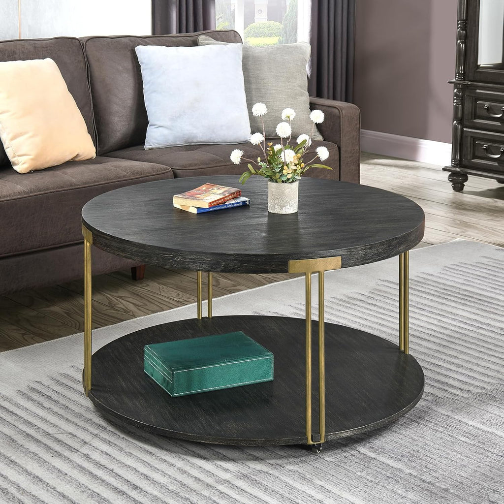Biaco Round 35' Coffee Table with Wheels for Living Room, Modern Industrial Retro 2 Tier Circle Large Center Table, Wooden Textured Top & Antiqued Golden Metal Legs,Black Gold