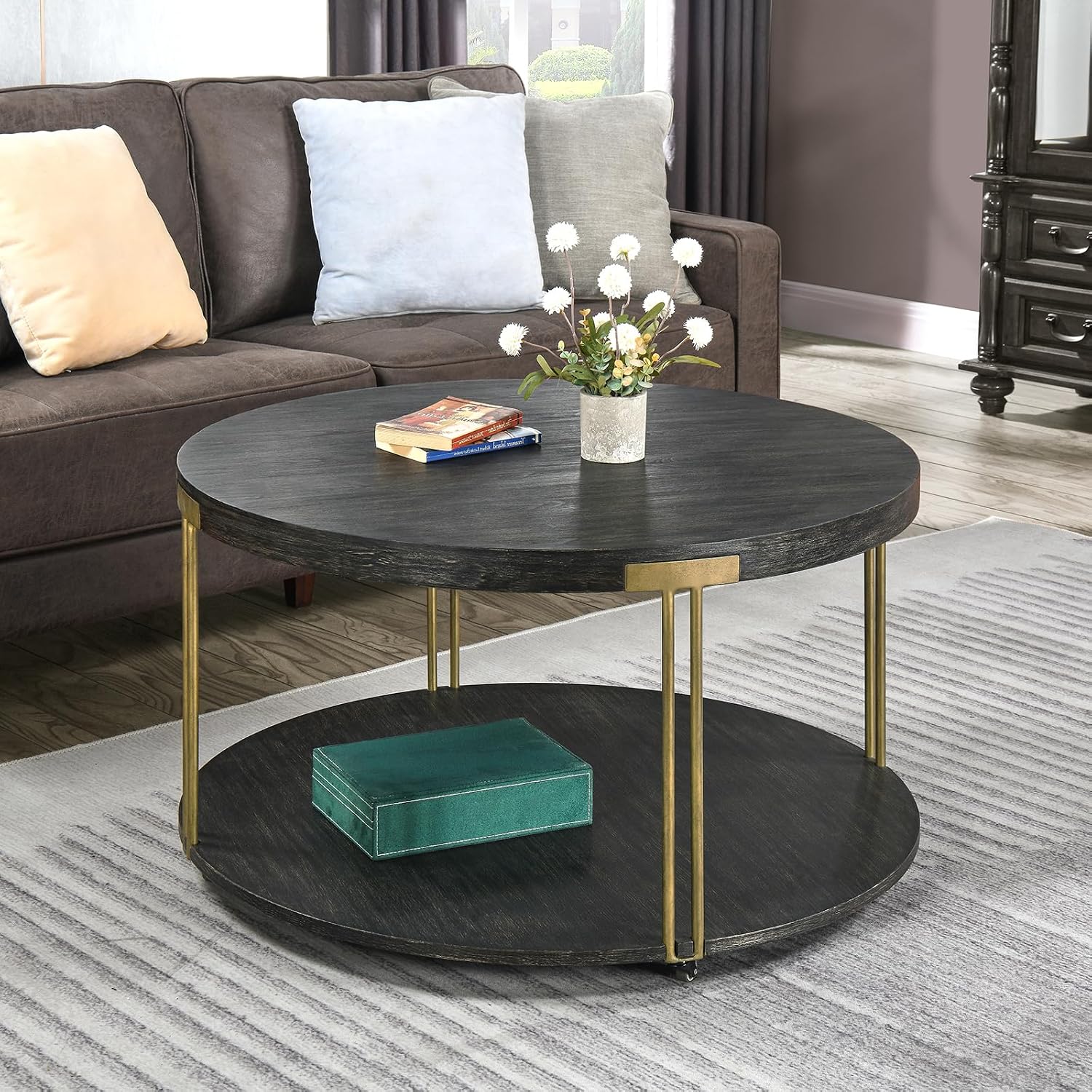 Biaco Round 35' Coffee Table with Wheels for Living Room, Modern Industrial Retro 2 Tier Circle Large Center Table, Wooden Textured Top & Antiqued Golden Metal Legs,Black Gold