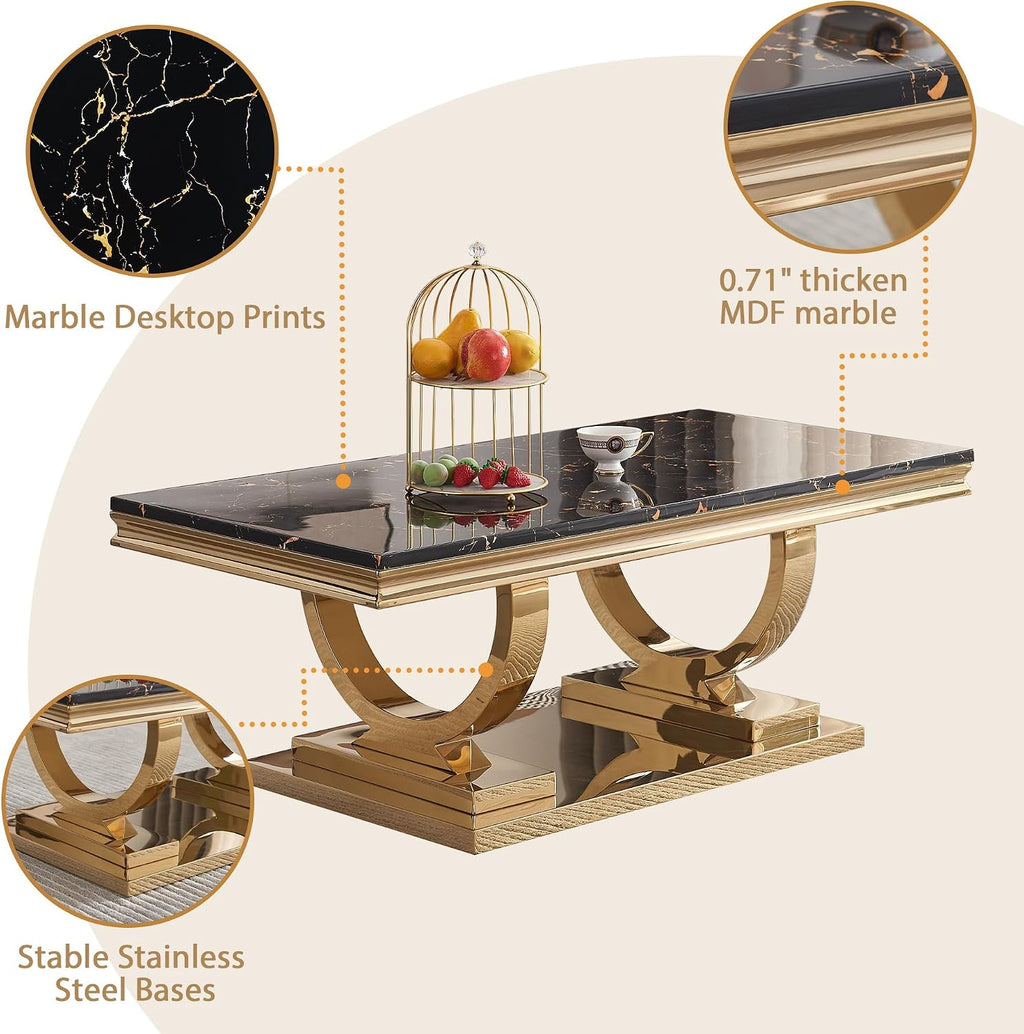 Marble Coffee Table, 47' Black Faux Marble Rectangular Cocktail Table with Mirrored Finish Double O-Shape Stainless Steel Base, Central Cocktail Tea Tables for Living Room Office, Gold