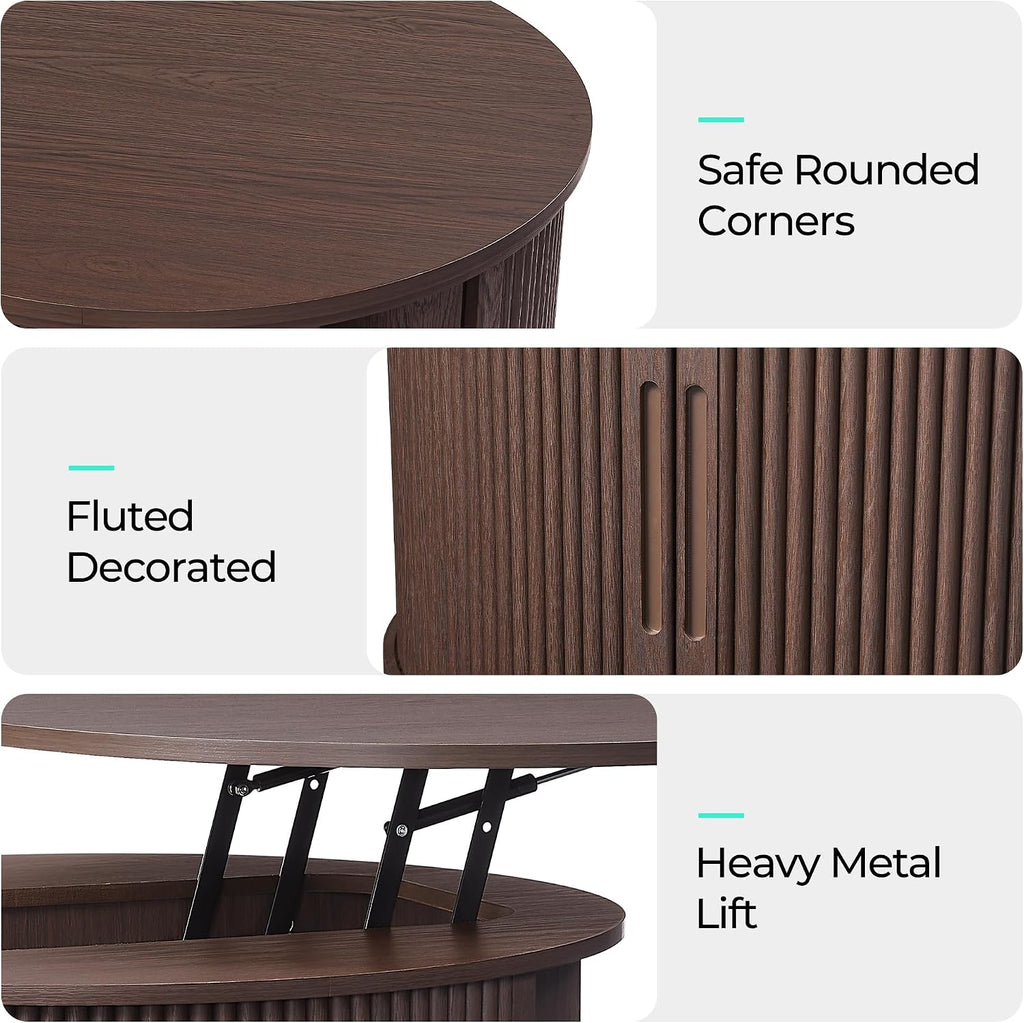 LINSY Lift Top Coffee Table, Round Fluted Coffee Table with Storage, Mid Century Modern Wooden Coffee Tables with Sliding Tambour Door, 31.5' Center Table for Living Room, Office, Small Space, Walnut