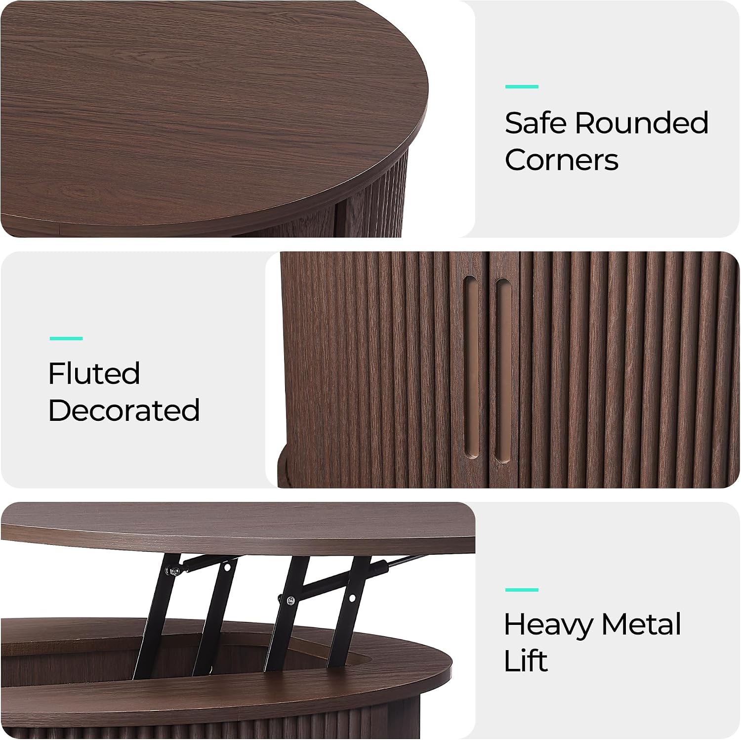 LINSY Lift Top Coffee Table, Round Fluted Coffee Table with Storage, Mid Century Modern Wooden Coffee Tables with Sliding Tambour Door, 31.5' Center Table for Living Room, Office, Small Space, Walnut