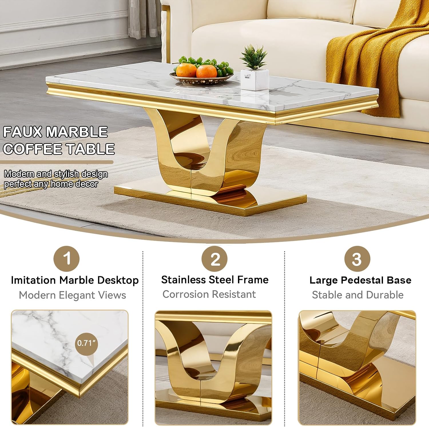 Marble Coffee Tables Set of 3, Modern White Marble Living Room Table Set with Gold Stainless Steel Base, Rectangle Coffee End Tables and Console Table Sets for Living Room Bedroom