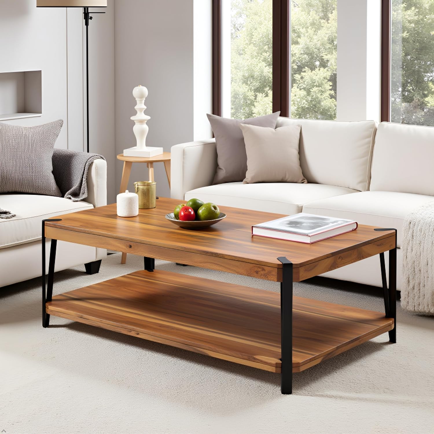 Ryegate Large Coffee Table, 48 Inch Natural Solid Acacia Wood with Unique Live Edge and Metal Frame, Industrial Modern Style, Durable Construction with Clear Natural Finish, Ideal for Living Room