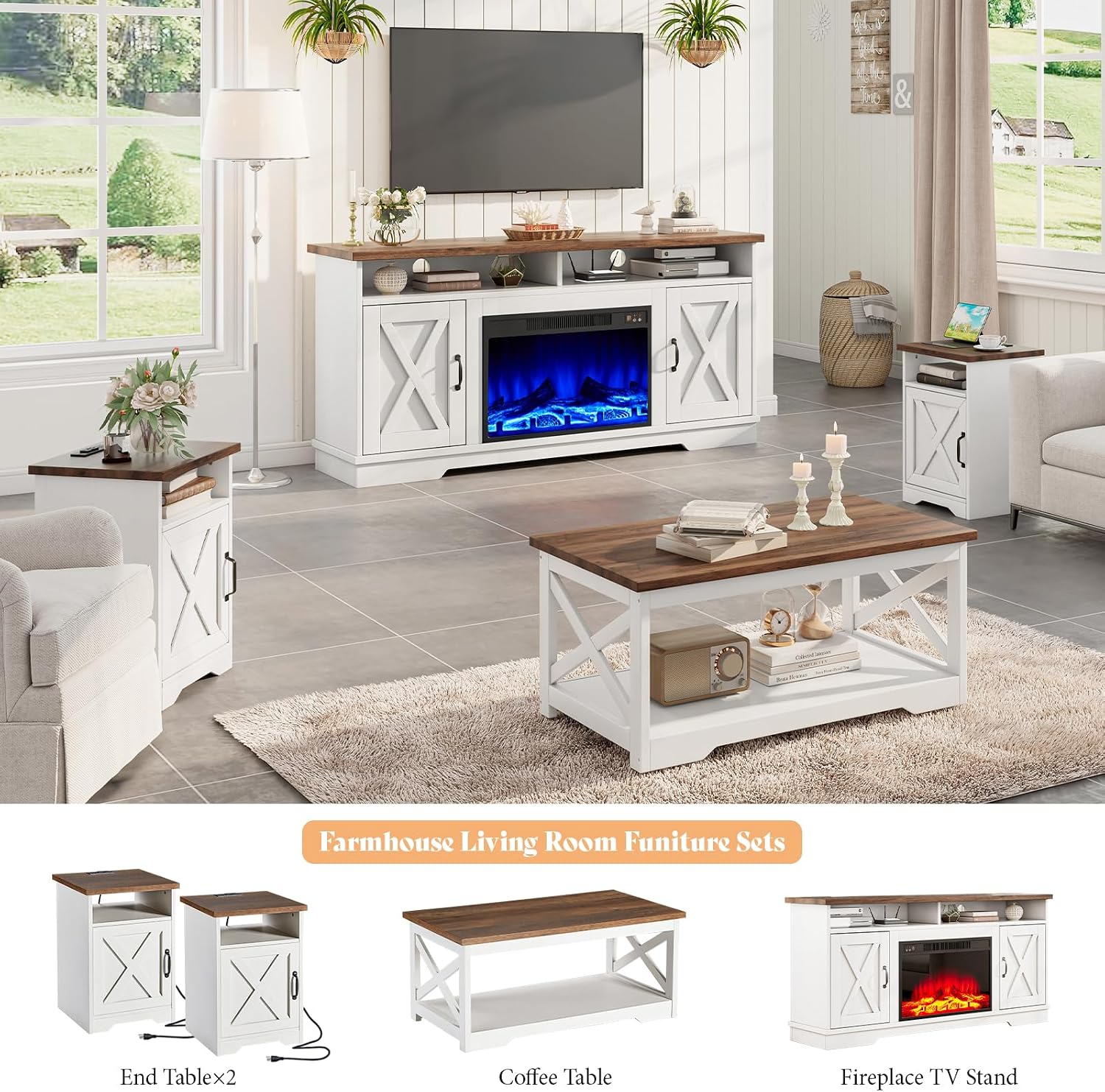 AMERLIFE 5-Piece Farmhouse Table Set Include 63' TV Stand with 26' Fireplace, 40' Coffee Table, 2 End Tables with Charging Station & USB Ports, Living Room Table Sets with Barn Door, Rustic Oak&White