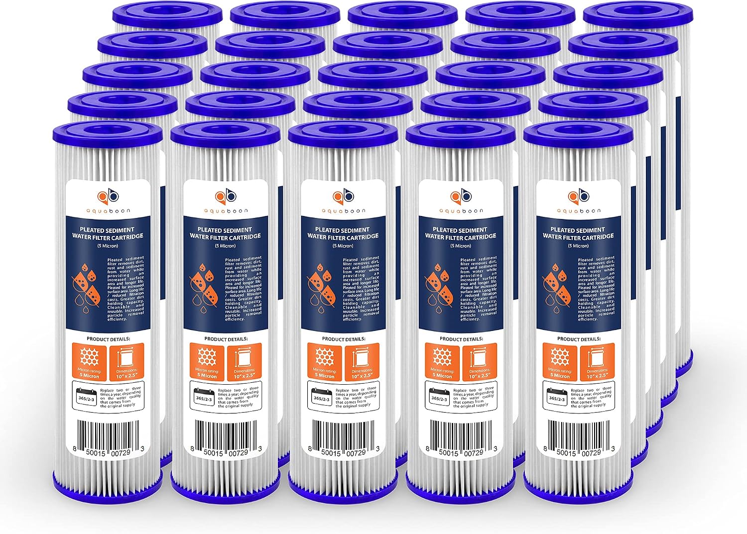 Aquaboon 5 Micron 10x2.5 Whole House Pleated Sediment Filter Cartridge for Well Water Filter Replacement Compatible with WFPFC3002, WHKF-WHPL, 25-Pack