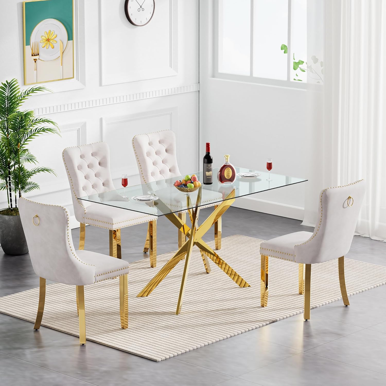 51' Modern Dining Table Set for 4, Rectangular Tempered Glass Dining Table and 4 Beige Velvet Dining Chairs, Luxury 5 Piece Kitchen Dining Room Tables Set with Gold Chrome Metal X-Base