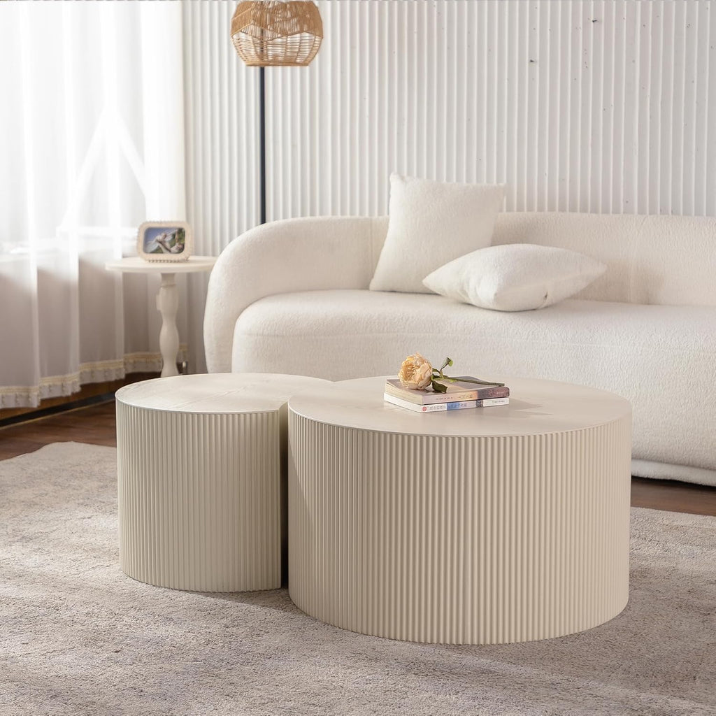 47.25 inch Nesting Coffee Table Set of 2, Modern Round Coffee Table End Table Set for Living Room, Wood Circle Drum Side Table Beige