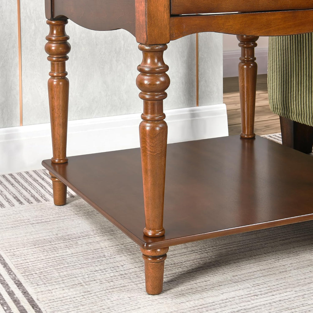 Large End Table with Drawer and Storage Shelf, Solid Wood Sofa Side Table, Slim Beside Table,Telephone for Small Spaces, Living Room, 22.8'L x 22.8'W x 24'H ,No-Tools Assembly,Caramel Brown CJZC008DR