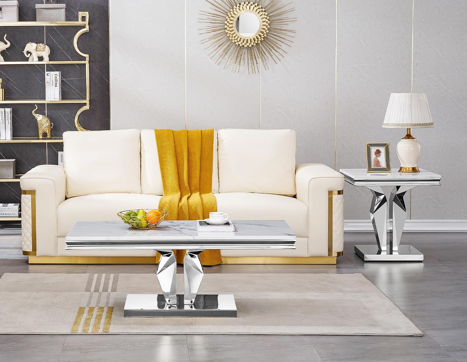 3 Pieces Coffee Table Set, Faux Marble Living Room Table Set of 3, Modern Coffee Table and 2 End Tables with Y-Shaped Stainless Steel Base for Living Room (White Silver)
