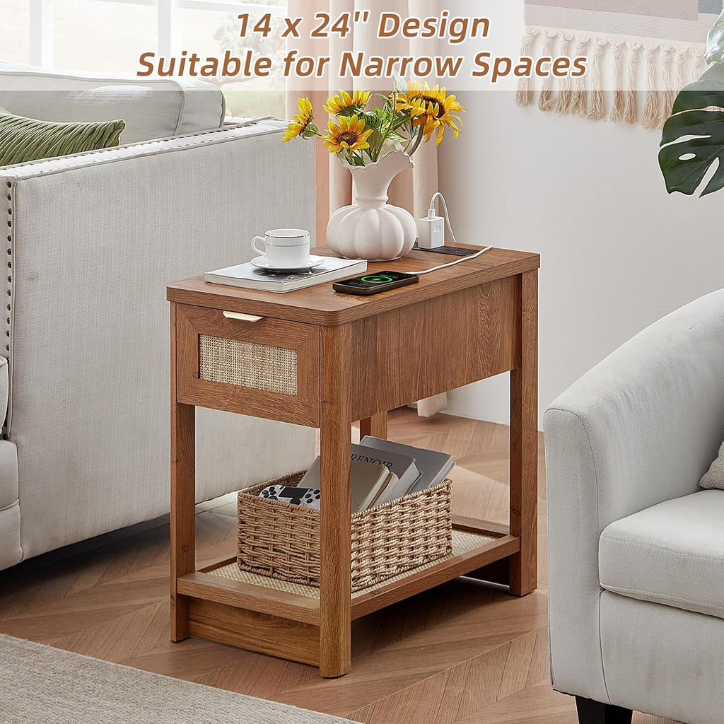 Lerliuo Boho Coffee Table Set of 3, Rattan Coffee and End Table Sets with Charging Station, Living Room Table Set with Open Shelf for Living Room, Tea Brown