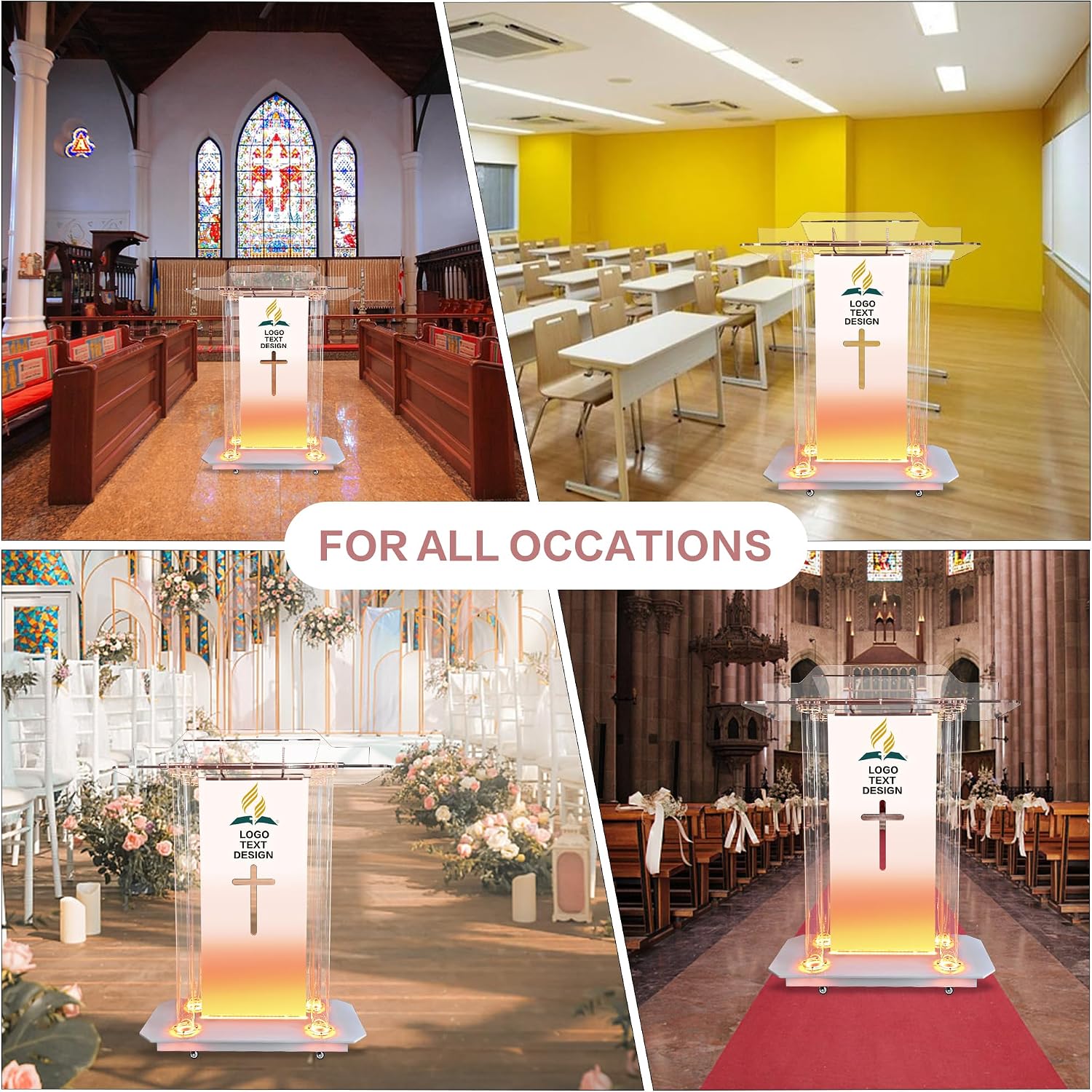 Church Pulpit,Logo&Text Personalization Pulpit with Wheels,Led Acrylic Church Podium with Hollow Cross Design,46'Transparent Lecterns for Churches,Classroom