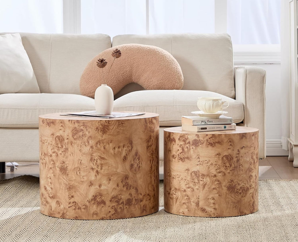 EALSON Nesting Coffee Tables Set of 2 Farmhouse Small Round End Tables Modern Wood Circle Side Table Drum Table for Living Room Small Spaces Bedroom Balcony, No Assembly, Natural Burl