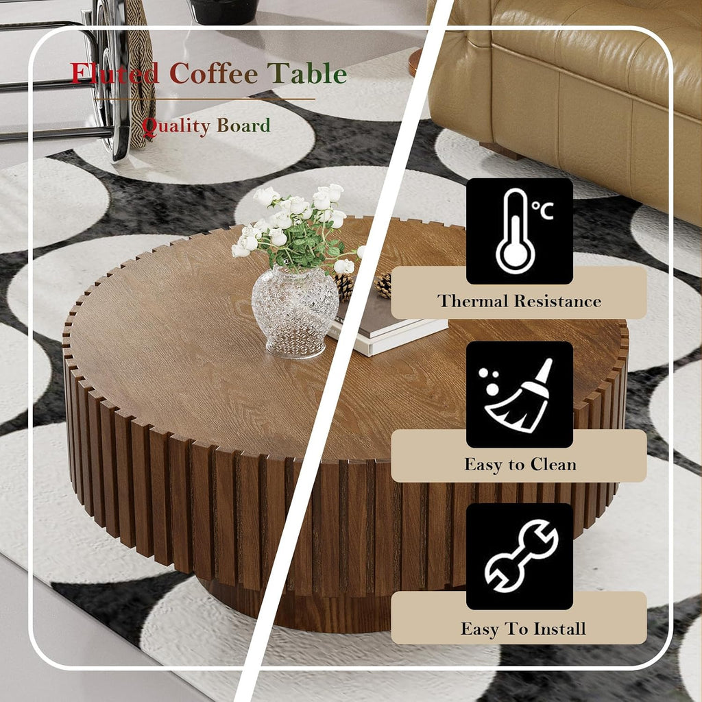 Round Fluted Coffee Table Mid Century Circle Center Tables for Living Room Chic Drum End Table for Small Space Easy Assembly (Round Walnut 31.5in)