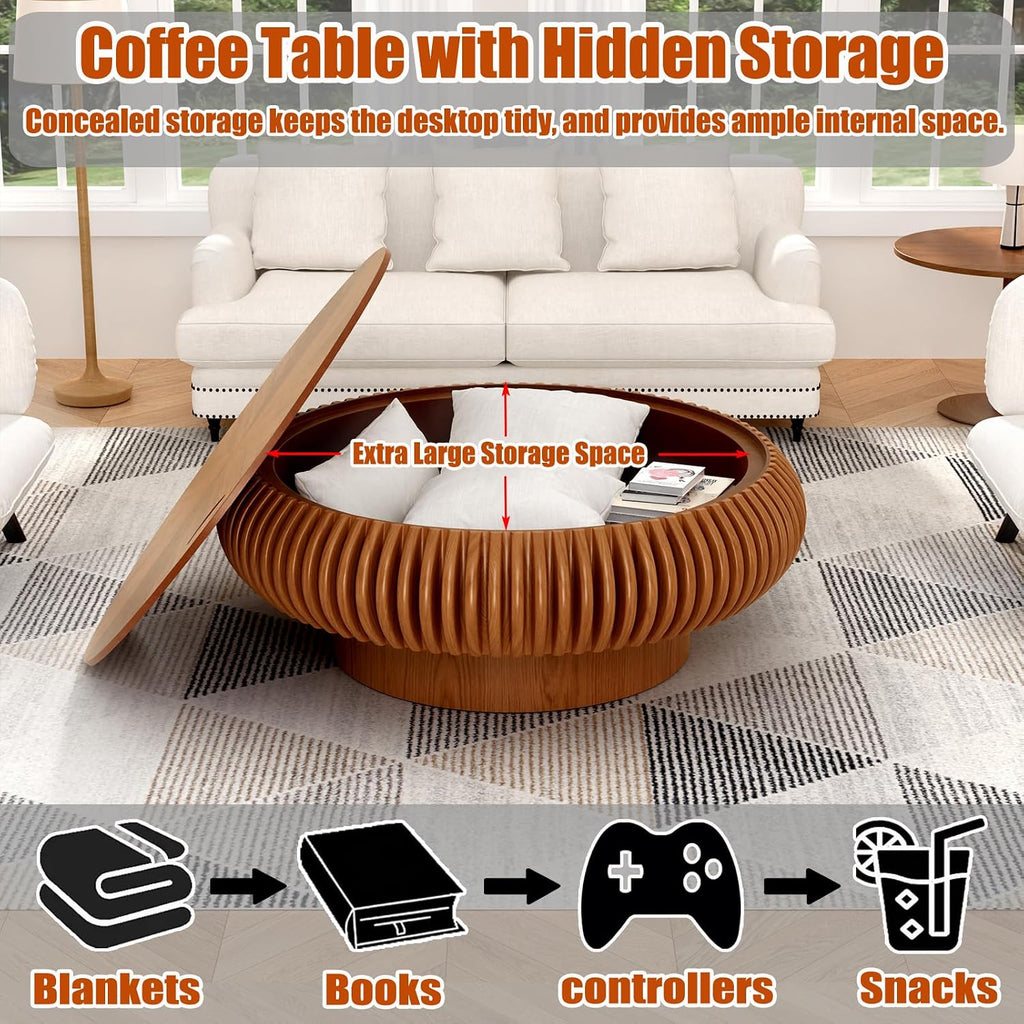 39.37'' Round Drum Coffee Table with Hidden Storage, Modern Fluted Coffee Tables with Solid Wood Veneer, Wooden Circle Center Table for Living Room, Small Spaces, and Apartments, Easy Assembly