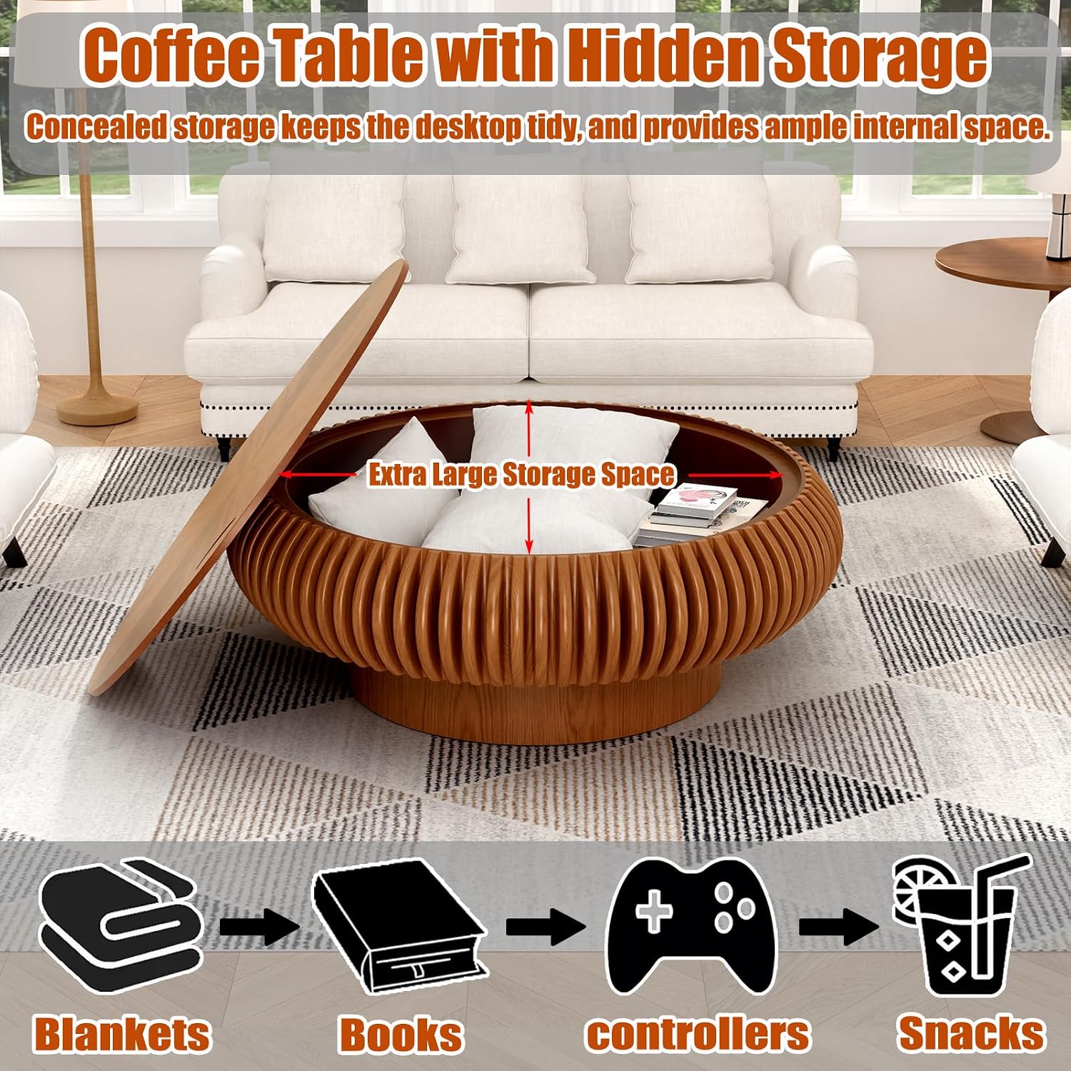 39.37'' Round Drum Coffee Table with Hidden Storage, Modern Fluted Coffee Tables with Solid Wood Veneer, Wooden Circle Center Table for Living Room, Small Spaces, and Apartments, Easy Assembly