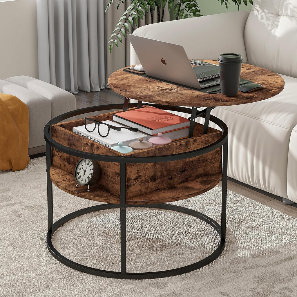 HOJINLINERO Round Lift Top Coffee Table,with Storage Hidden Compartment,Wood Farmhouse Coffee Table Decor,Center Table for Living Room