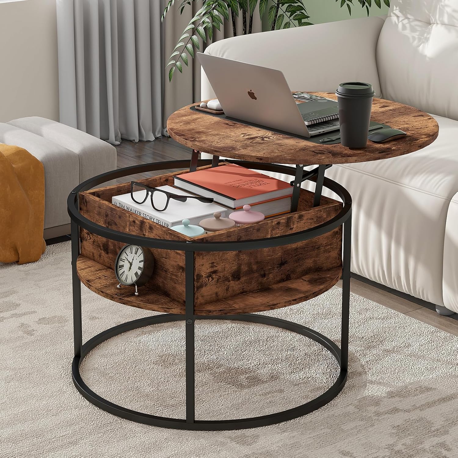 HOJINLINERO Round Lift Top Coffee Table,with Storage Hidden Compartment,Wood Farmhouse Coffee Table Decor,Center Table for Living Room