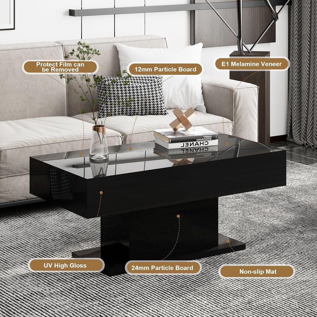 HedoAjim Led Coffee Table for Living Room, Living Room Table Rectangular Center Table, Modern High Glossy Wooden Coffee Tables with 16 Colors LED Lights for Dining Reception Room, Black