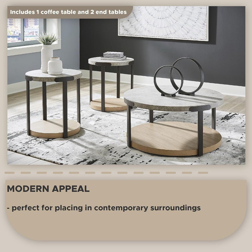 Signature Design by Ashley Darthurst Contemporary Table Set with Lower Shelf and Casters, Set of 3, Light Brown & Metallic