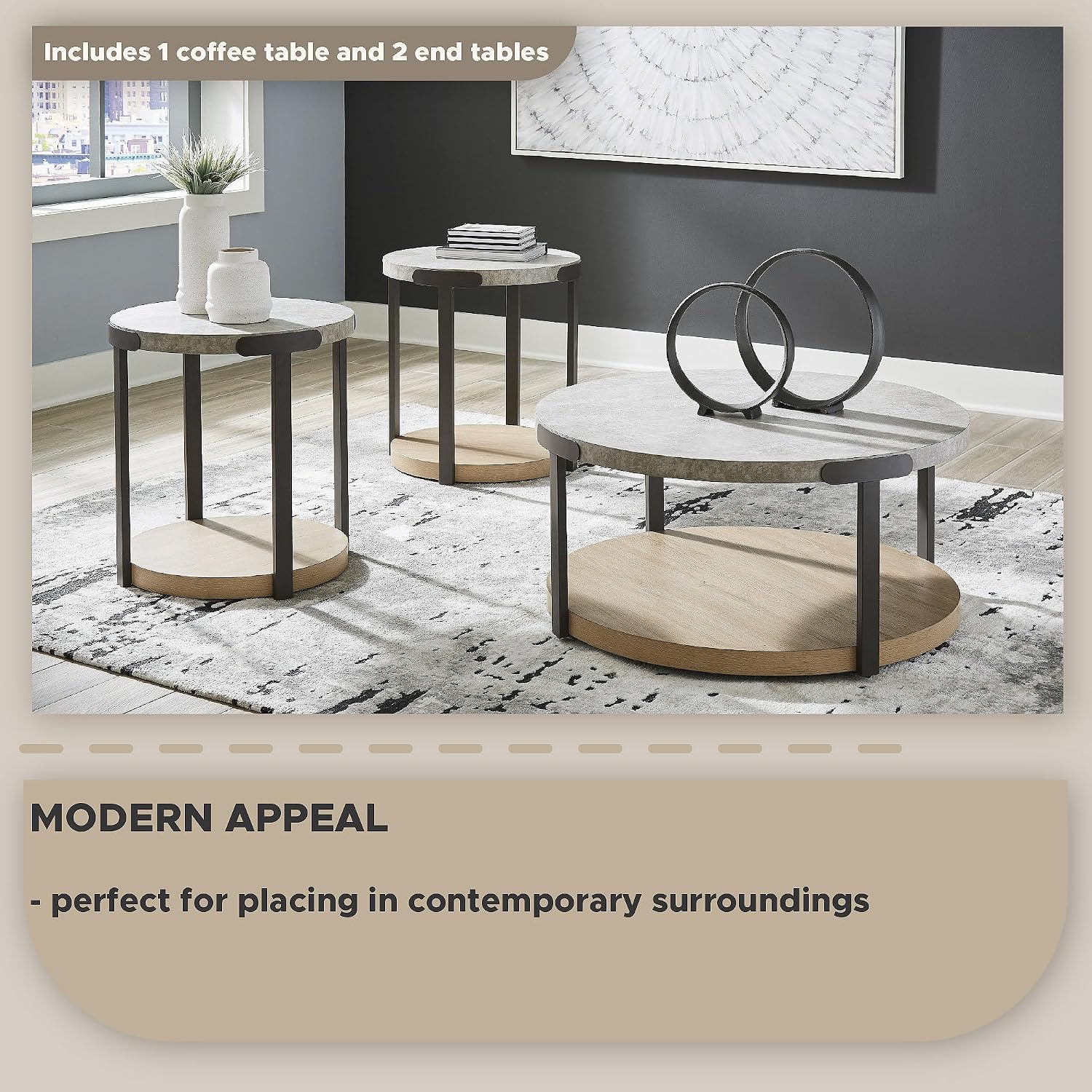 Signature Design by Ashley Darthurst Contemporary Table Set with Lower Shelf and Casters, Set of 3, Light Brown & Metallic