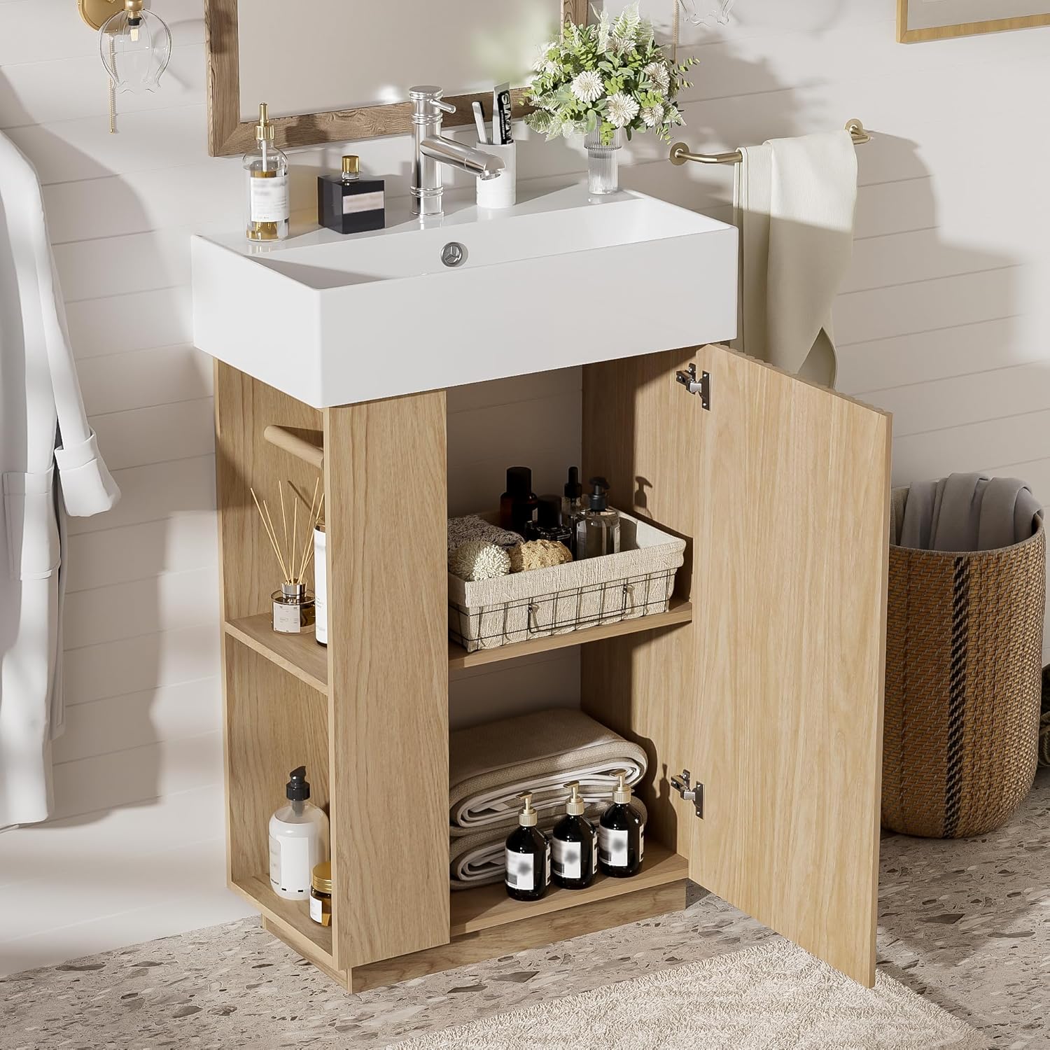 Space-Saving 21.6' Bathroom Vanity with Sleek Ceramic Sink, Freestanding Right Door MDF Cabinet - Perfect for Compact Bathrooms!