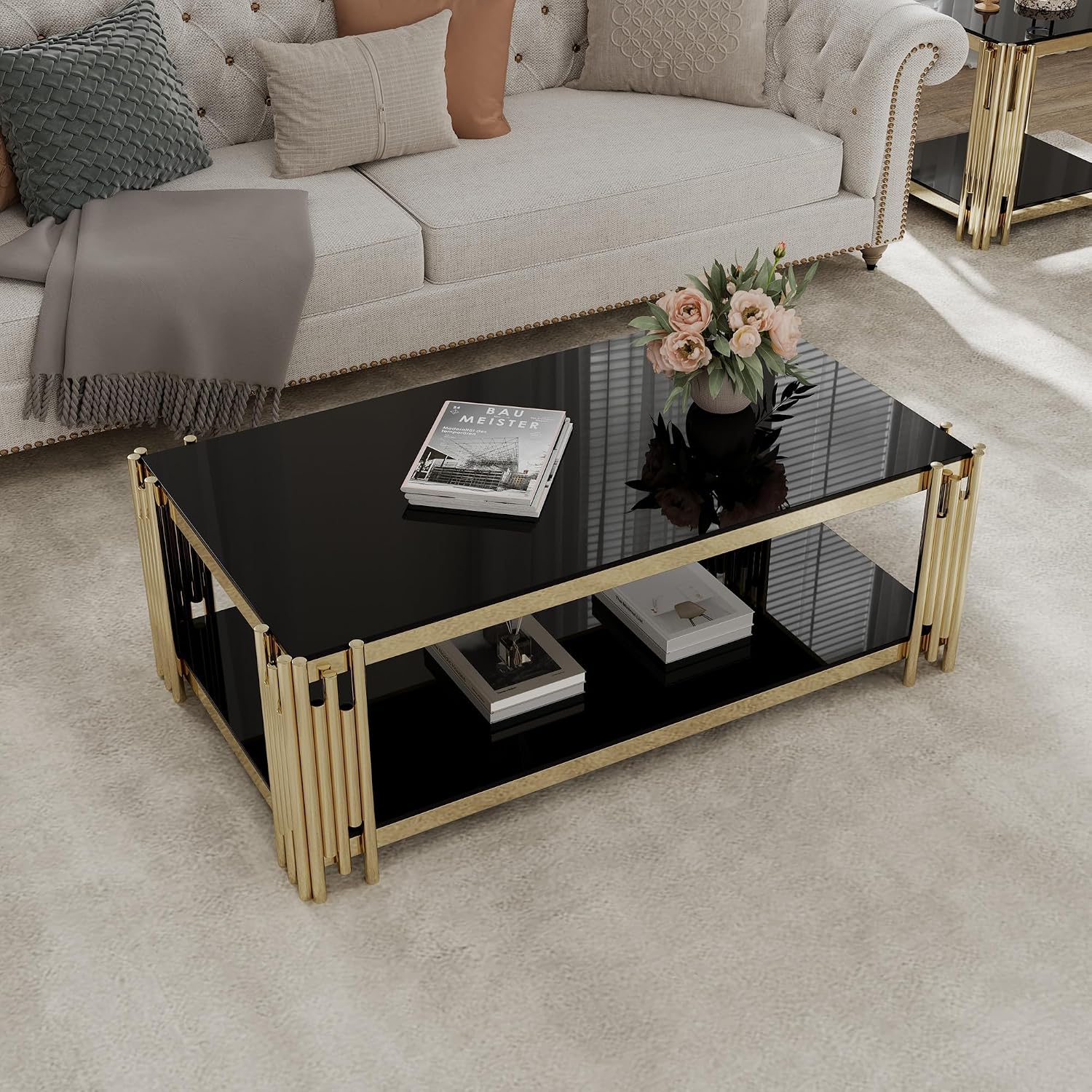 SSLine Black Glass Coffee Table with Gold Stainless Steel Frame Luxury Rectangle 2-Tier Coffee Table for Living Room Modern Elegant Cocktail Center Table with Storage Shelves for Home Office