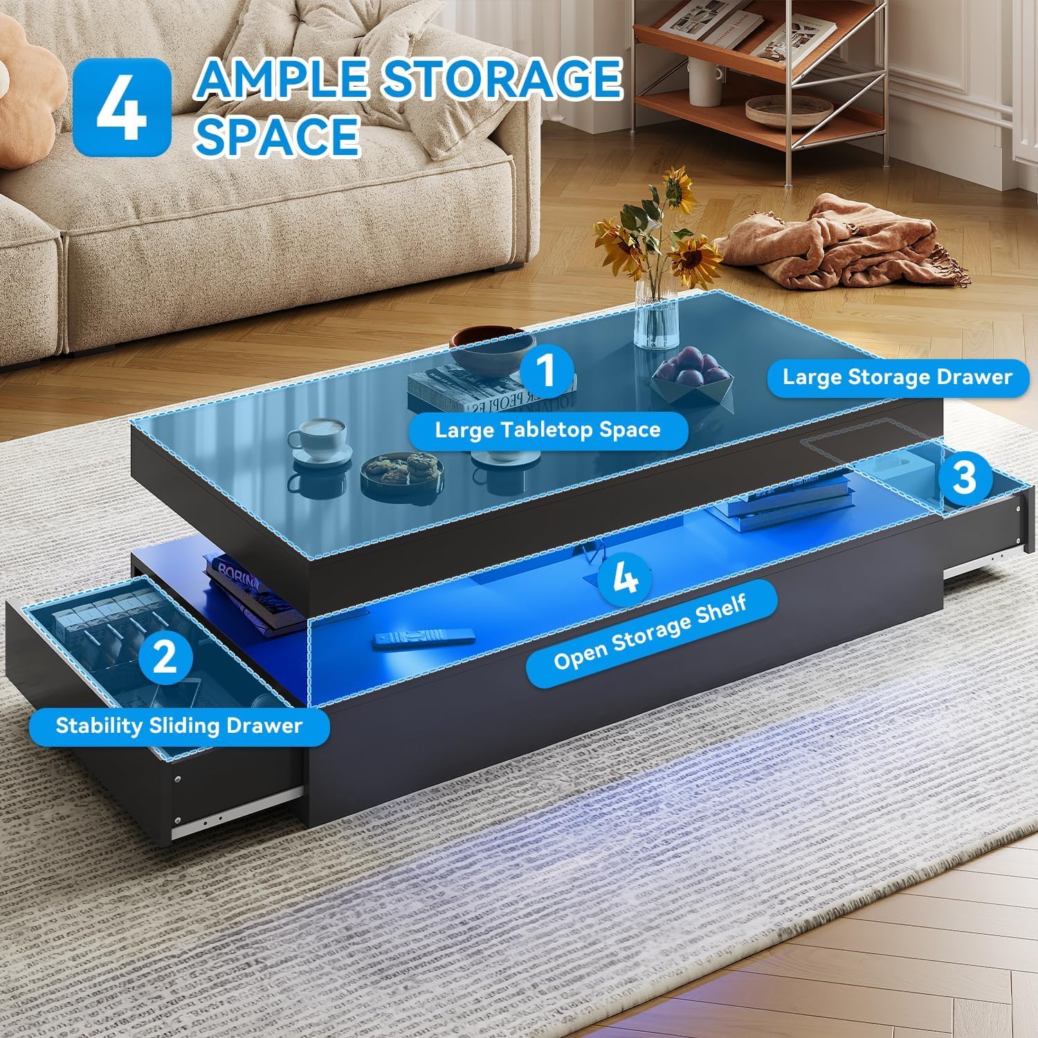 3-Piece Modern Black Living Room Set, LED Lighted Coffee Table + 2 End Tables with Storage Drawers, Black
