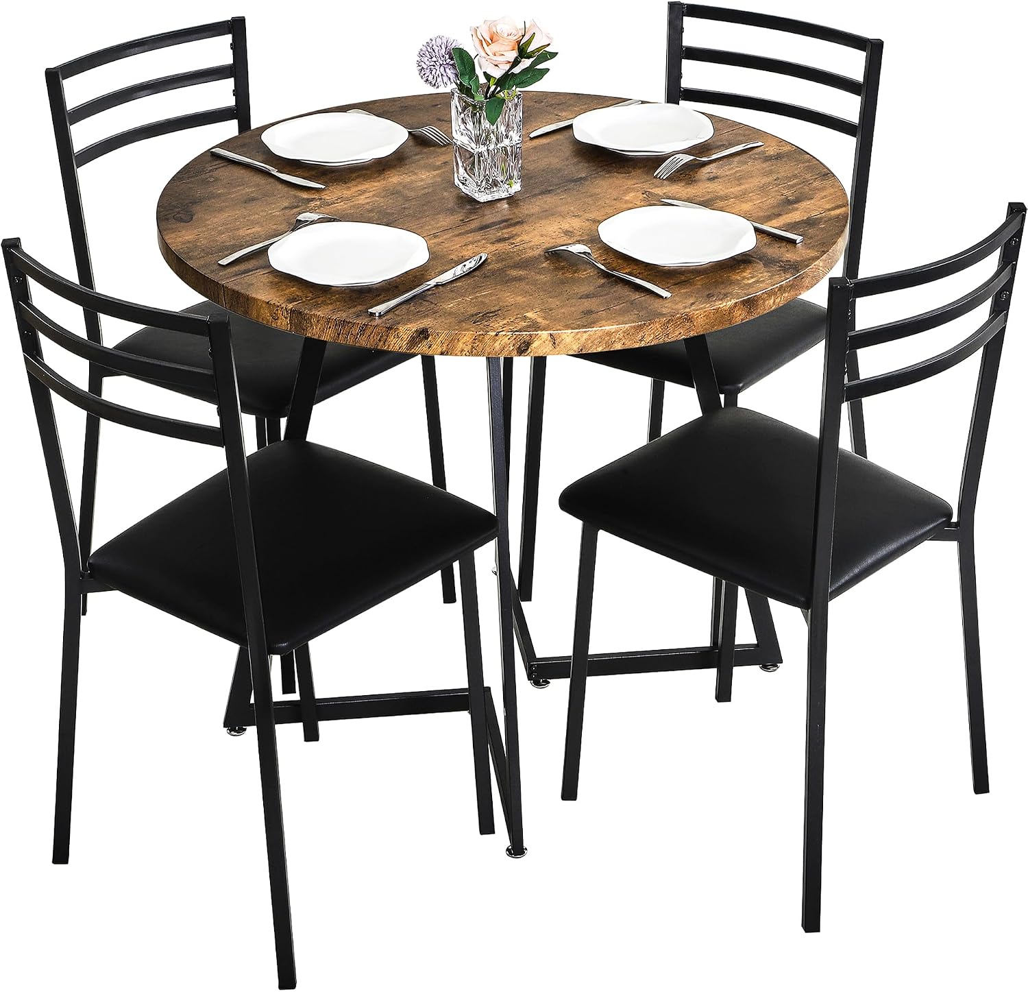 VECELO Round Dining Table Set for 4, Wood Tabletop & Heavy-Duty Steel Frame, 6-Piece Dinette with Chairs for Kitchen, Breakfast Nook, Antique Brown & Black