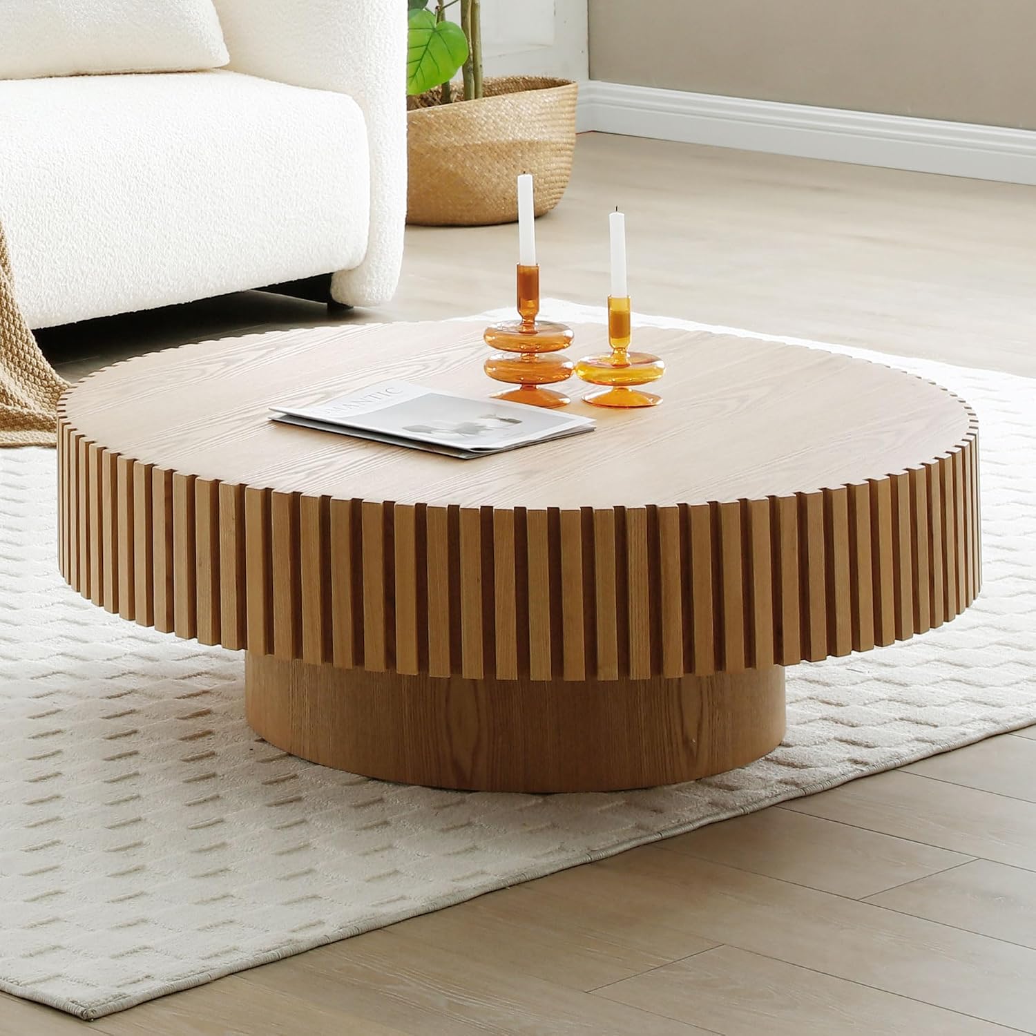 31.49' Round Coffee Table Wood, Modern Unique Oak Circle Coffee Table, Contemporary Drum Wooden Fluted Coffee Table Side Center Table for Living Room,Apartment,Office, Natural Ash