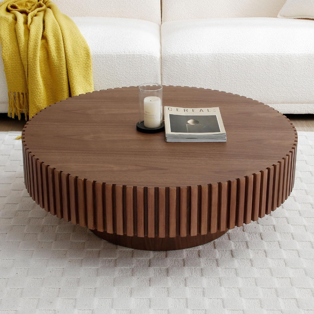 31.49' Walnut Round Coffee Table Wood, Modern Fluted Coffee Table for Living Room, Contemporary Low Circle Center Table Side Table for Small Space, Apartment, Farmhouse, Office, mesa de Cafe