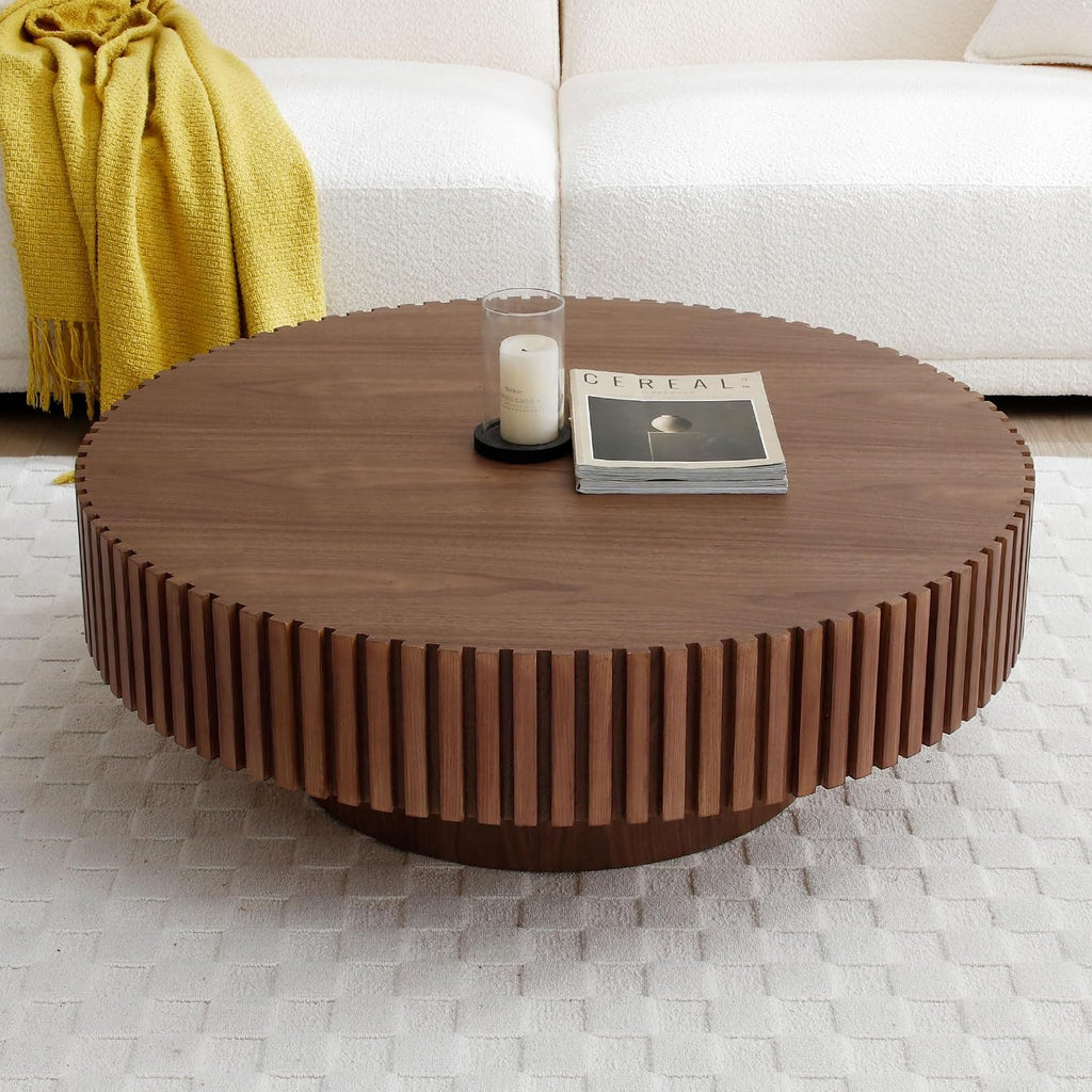 39.4' Walnut Round Coffee Table Wood, Modern Drum Fluted Coffee Table for Living Room, Contemporary Low Circle Center Table Side Table for Apartment, Farmhouse, Office, mesa de Cafe