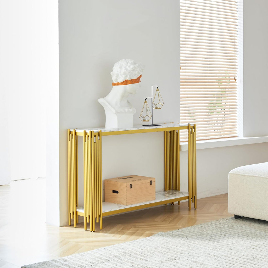 Elegant 2 Tier White Marble Console Table, Luxury Gold Living Room Sofa Table, 48' Long Modern Entryway Table, Golden Hallway Entrance Table with Adjustable Feet