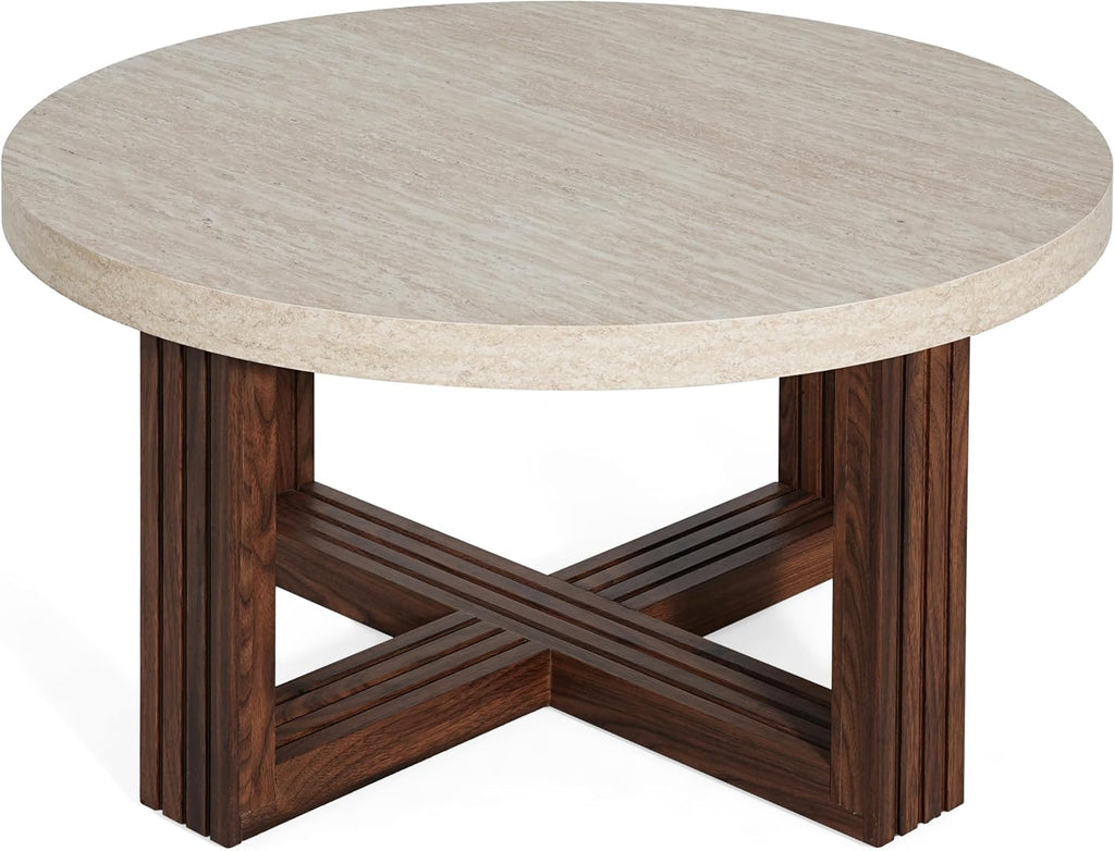 Christopher Knight Home Yone 31.5'' Modern Round Coffee Table for Living Room Furniture/Apartment, Side Table with Marble Pattern Top, Wooden End Table with Cross Metal Base, Brown + Beige
