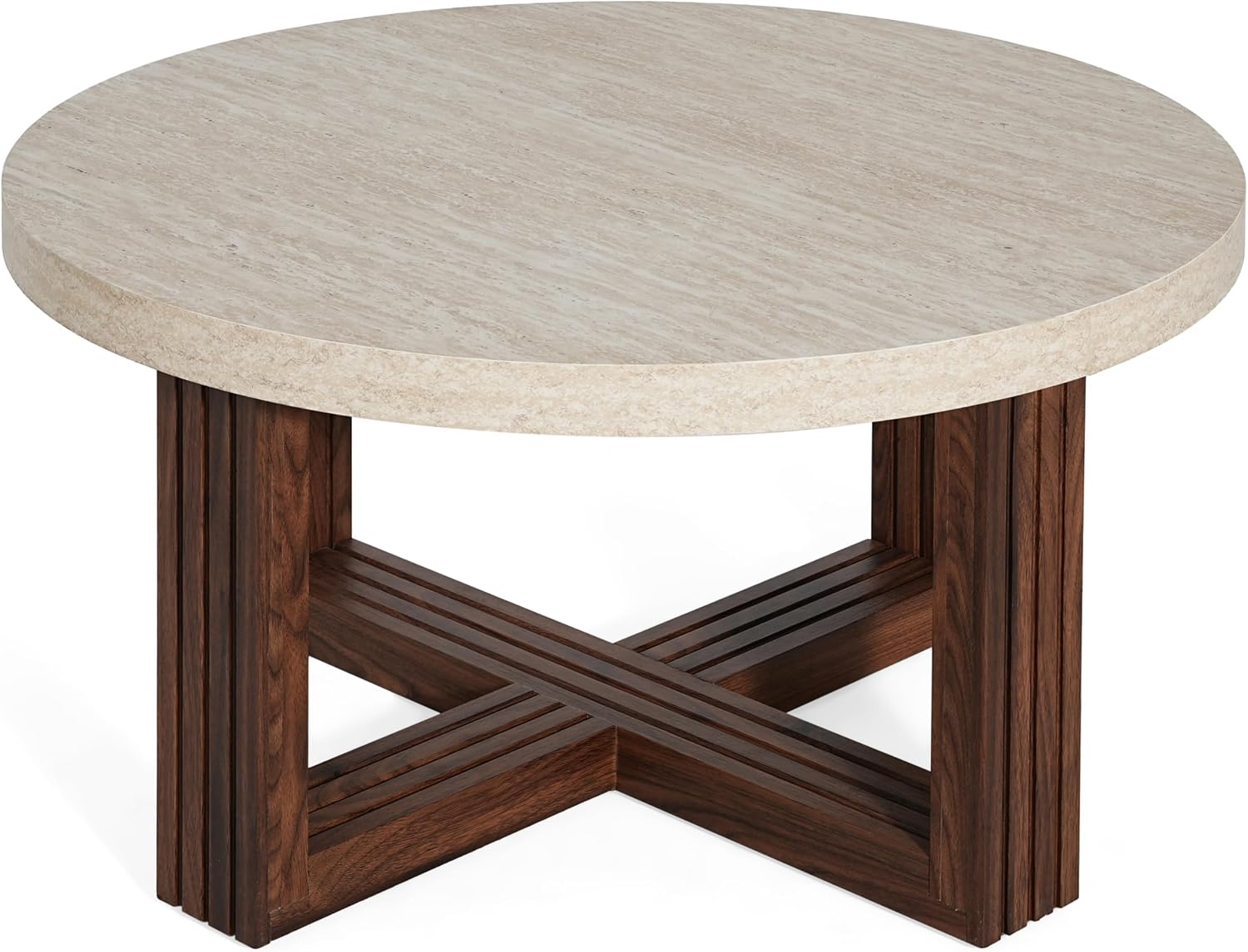 Christopher Knight Home Yone 31.5'' Modern Round Coffee Table for Living Room Furniture/Apartment, Side Table with Marble Pattern Top, Wooden End Table with Cross Metal Base, Brown + Beige