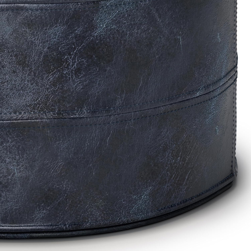 SIMPLIHOME Connor Round Pouf - 18 inch Wide Upholstered Genuine Leather Ottoman in Distressed Navy Blue, Boho Footstool or Extra Seating for Living Room or Bedroom with Polystyrene Filling, Assembled