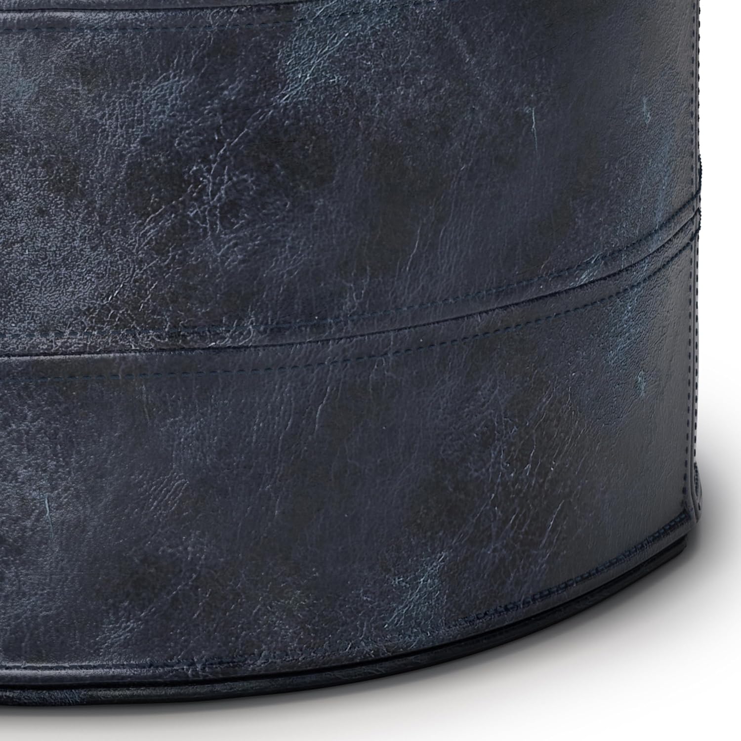 SIMPLIHOME Connor Round Pouf - 18 inch Wide Upholstered Genuine Leather Ottoman in Distressed Navy Blue, Boho Footstool or Extra Seating for Living Room or Bedroom with Polystyrene Filling, Assembled