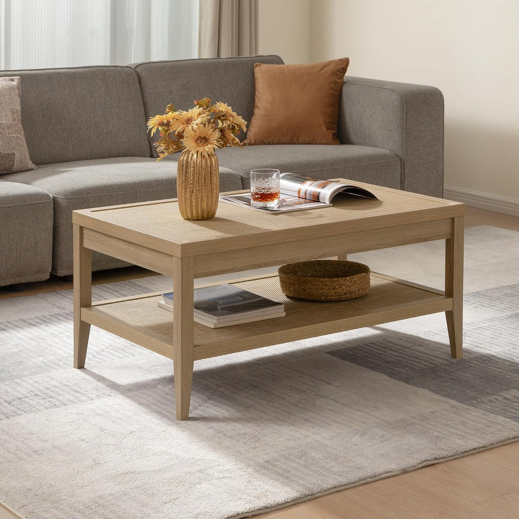 SICOTAS Rattan Coffee Table Set, 3-Piece Farmhouse End Table Set with Rectangle Center Coffee Table & 2 Accent Sofa Side Tables for Living Room, Light Oak