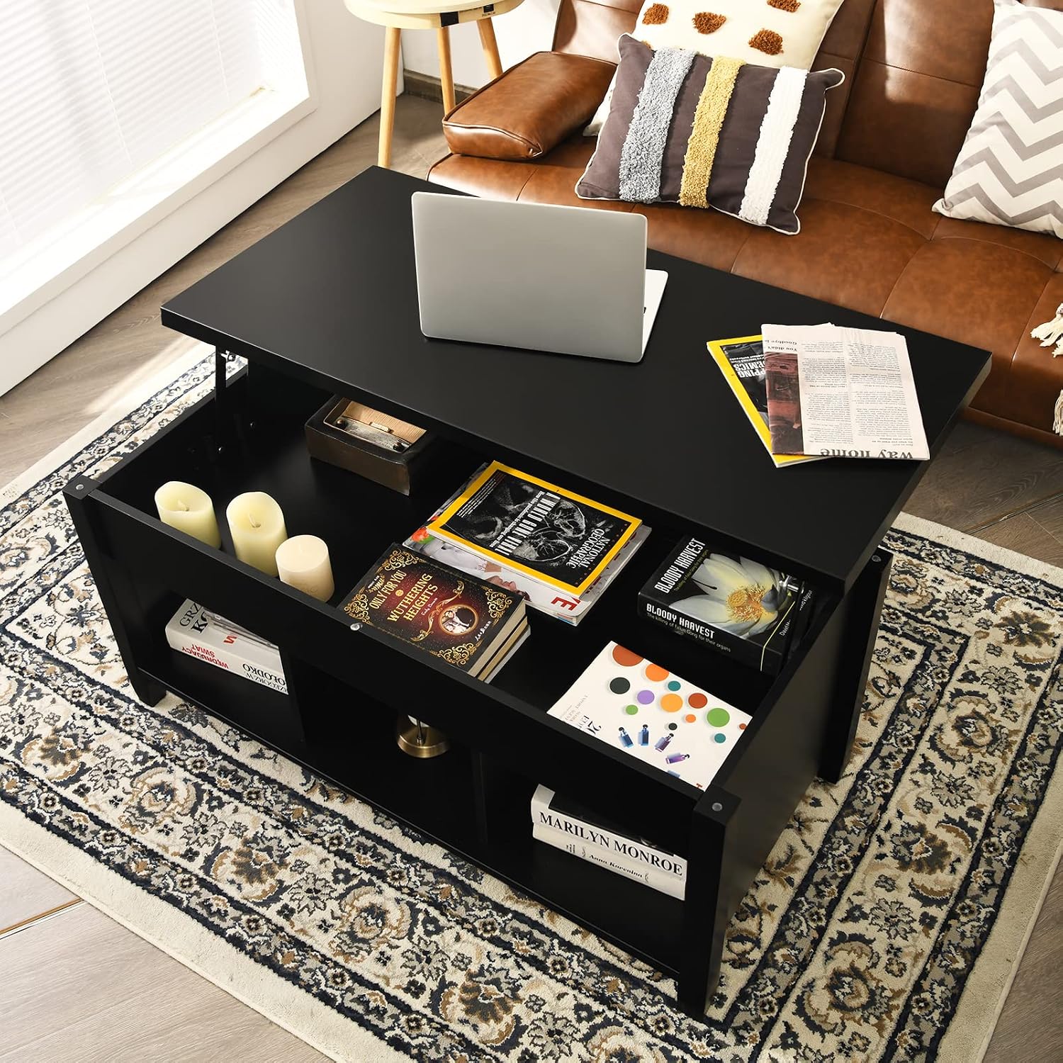 COSTWAY Lift Top Coffee Table, with Hidden Storage Compartment & 3 Open Shelves, Rectangular Cocktail Tea Table with Solid Wood Legs for Living Room Reception Room (Black)