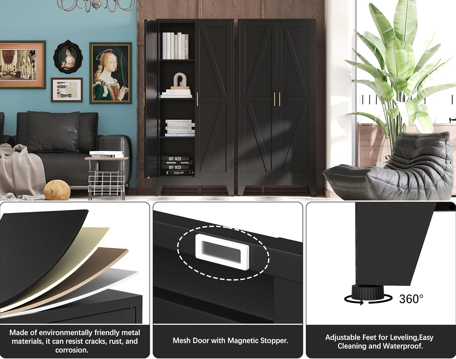 61'H Black Pantry Kitchen Cabinet with Doors,Black Storage Cabinets,Freestanding Pantry Cabinet,Farmhouse Food Storage Cabinets,Tall and Large Pantry Cabinets for Kitchen, Dining Room, Living Room