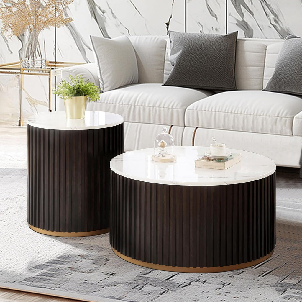Round Wood Coffee Table Set of 2 with Marble Lid ＆ Hidden Storage, Handcraft Drum Side Table, Modern Circle Wooden End Table Set for Living Room, No Need Assembly(Black Brown,31x31x16 in)