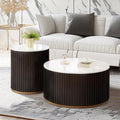 Round Wood Coffee Table Set of 2 with Marble Lid ＆ Hidden Storage, Handcraft Drum Side Table, Modern Circle Wooden End Table Set for Living Room, No Need Assembly(Black Brown,31x31x16 in)