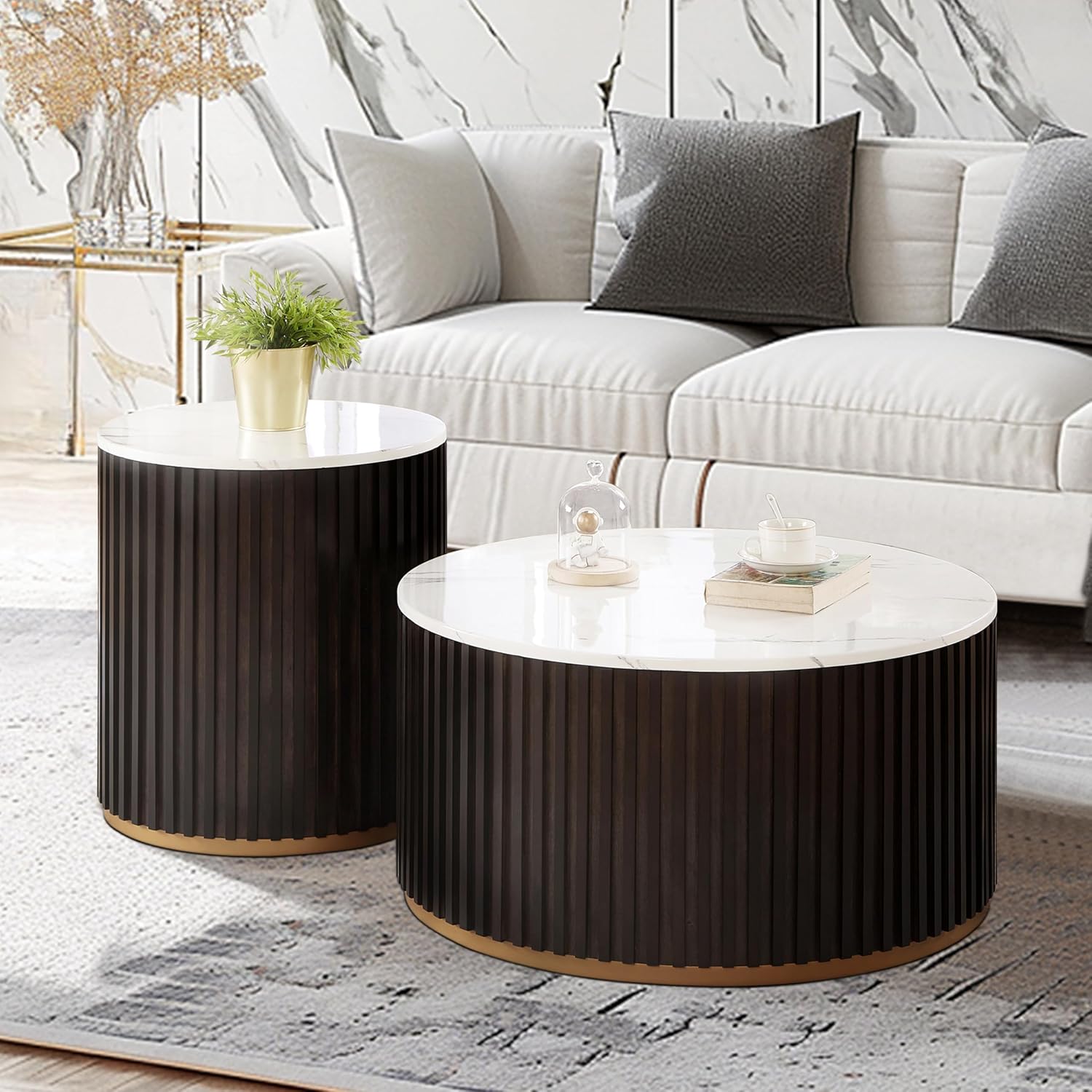Round Wood Coffee Table Set of 2 with Marble Lid ＆ Hidden Storage, Handcraft Drum Side Table, Modern Circle Wooden End Table Set for Living Room, No Need Assembly(Black Brown,31x31x16 in)