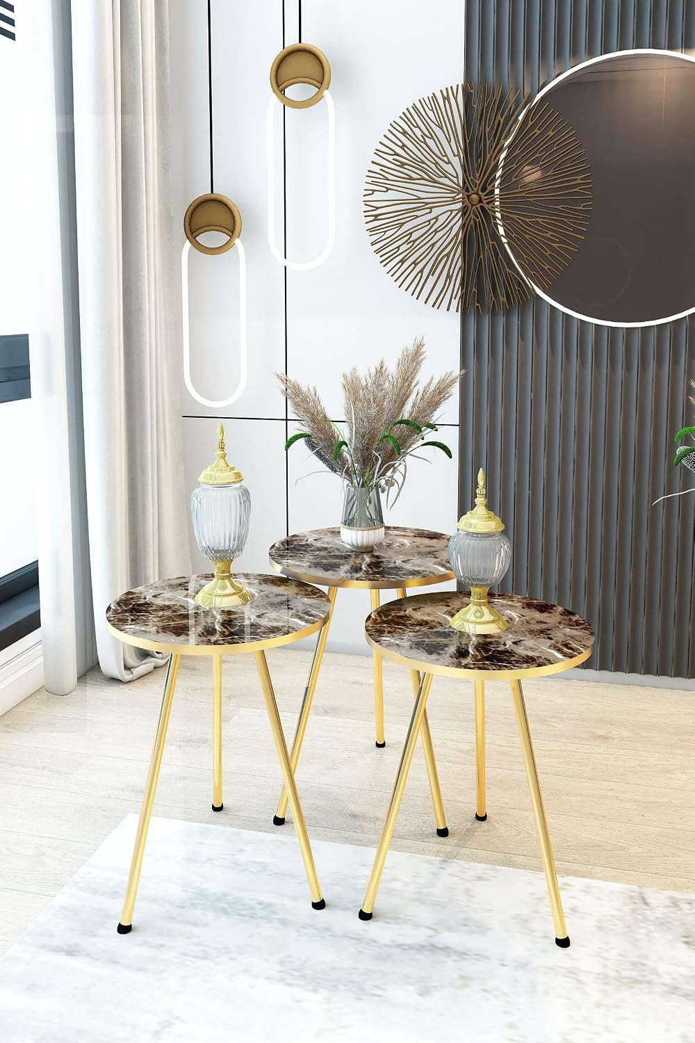 Set of 3 Nesting END Tables - Round Stacking Coffee Side Tables for Small Spaces, Nightstand Bedside Table for Living Room, Bedroom, Living Room, Balcony, NO-TOOLS ASSEMBLY (Brown Marble/Gold)