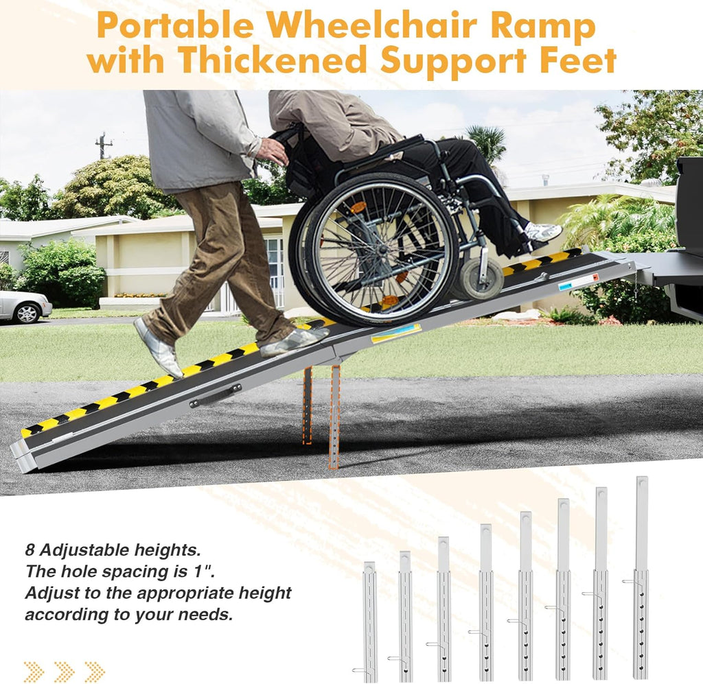 7FT Aluminum Wheelchair Ramp for 7' - 21' Steps – Folding, Non-Slip, 800lbs Capacity with Support Legs & Lock Portable Ramp for Home, Garage, Car, Pet, Stroller, Electric Scooter.