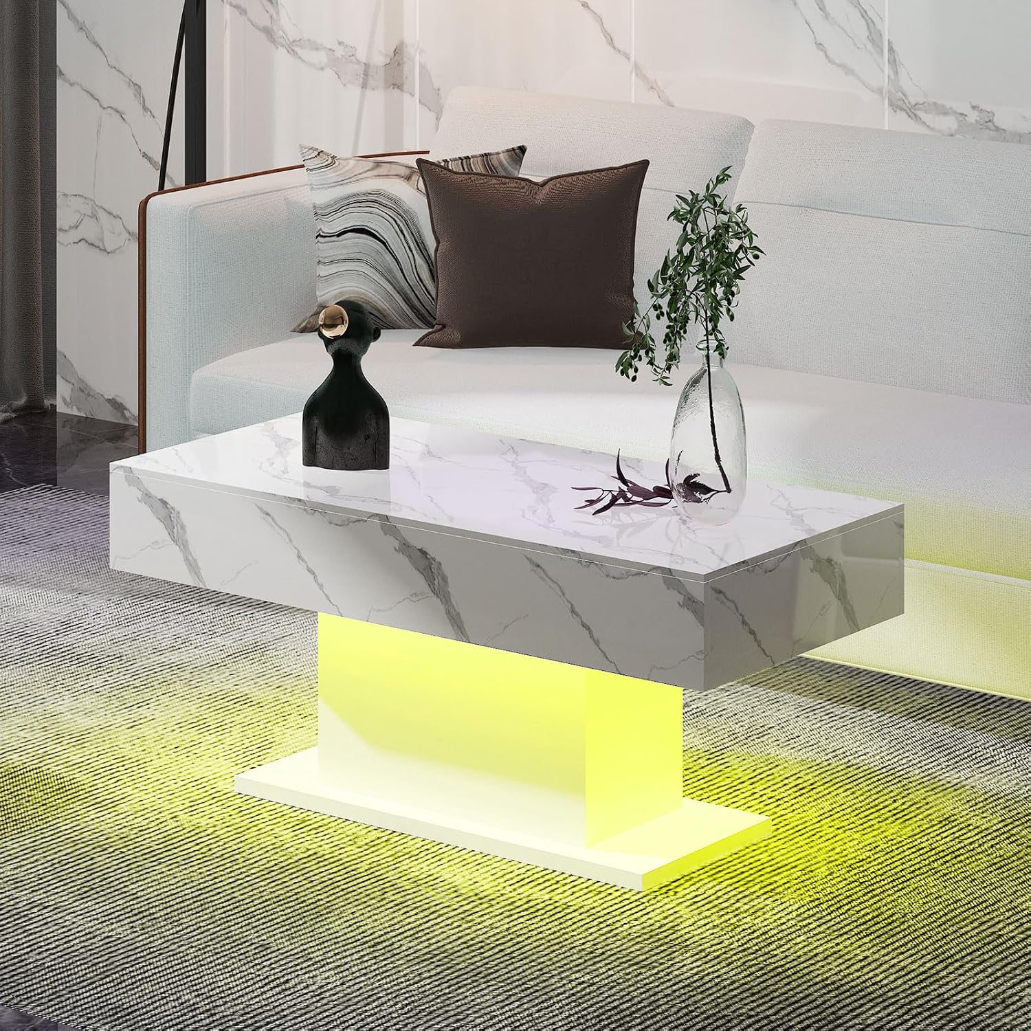 HedoAjim Led Coffee Table for Living Room, Living Room Table Rectangular Center Table, Modern High Glossy Wooden Coffee Tables with 16 Colors LED Lights for Dining Reception Room, White Marble