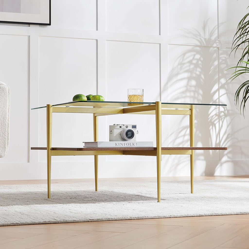 LumFurn X-Large Oval Glass Coffee Table, Mid-Century Modern Design, L47 x W24 x H17 inch, for Living Room, Clear Glass Top and Walnut Finish Wood Shelf, Conical Legs with Gold Finish Frame