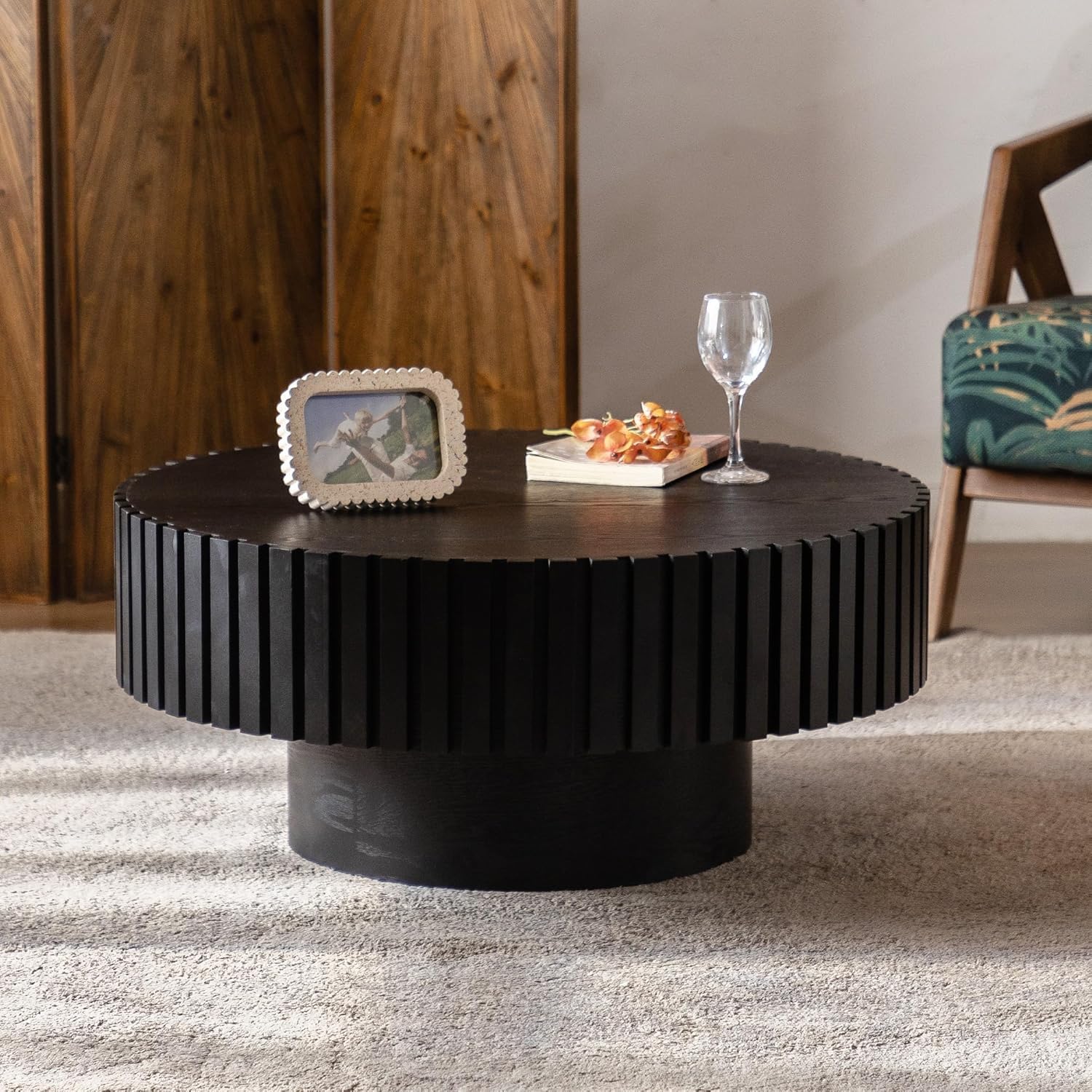 Round Fluted Coffee Table Round Drum Coffee Table for Living Room Modern Circular Pedestal Center Table (Circle Black 31.5in)