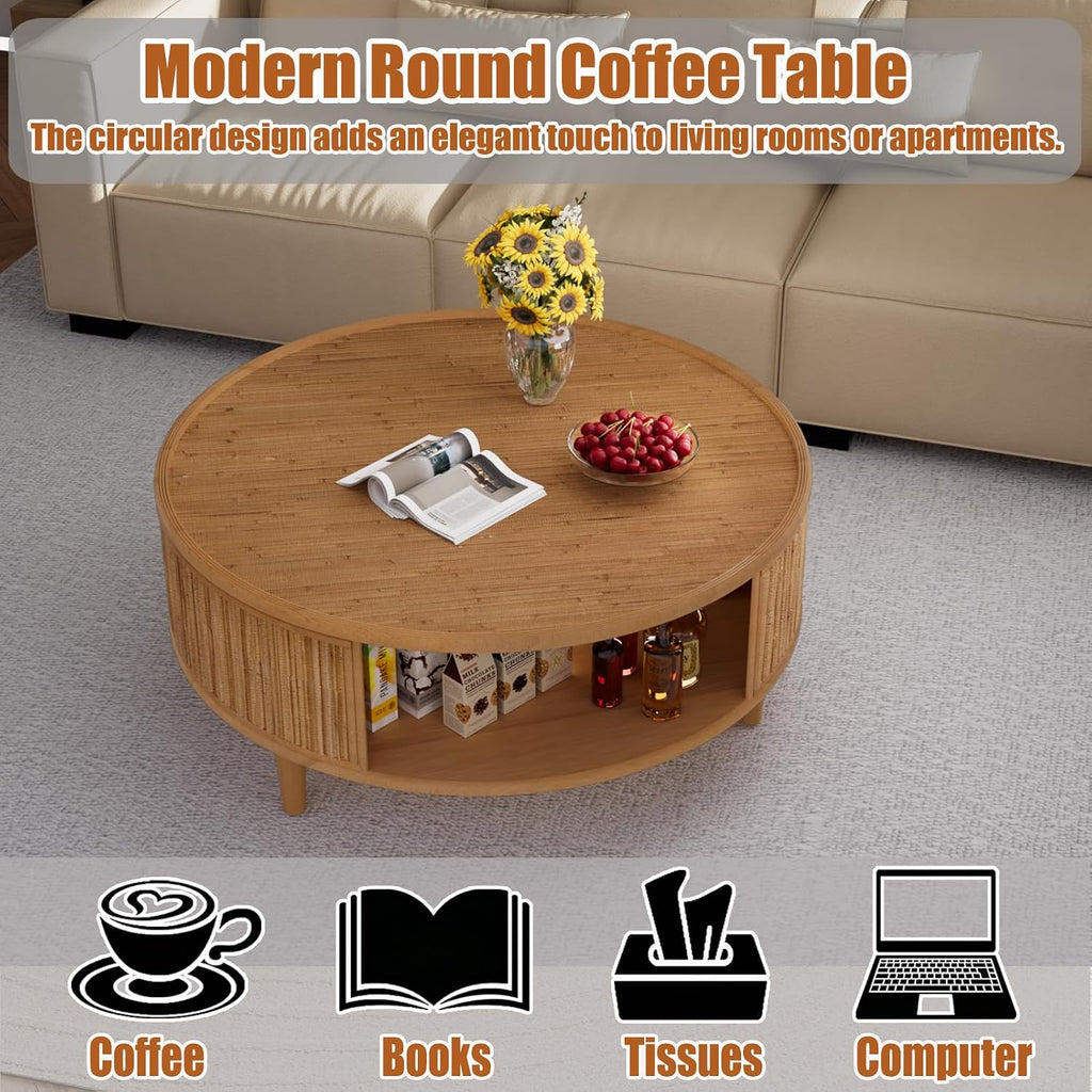 30.5' Storage Round Coffee Table, Modern Coffee Tables with Rattan-Accent Top and Sides, Wooden Circle Center Table for Living Room, Small Spaces, and Apartments, Easy Assembly