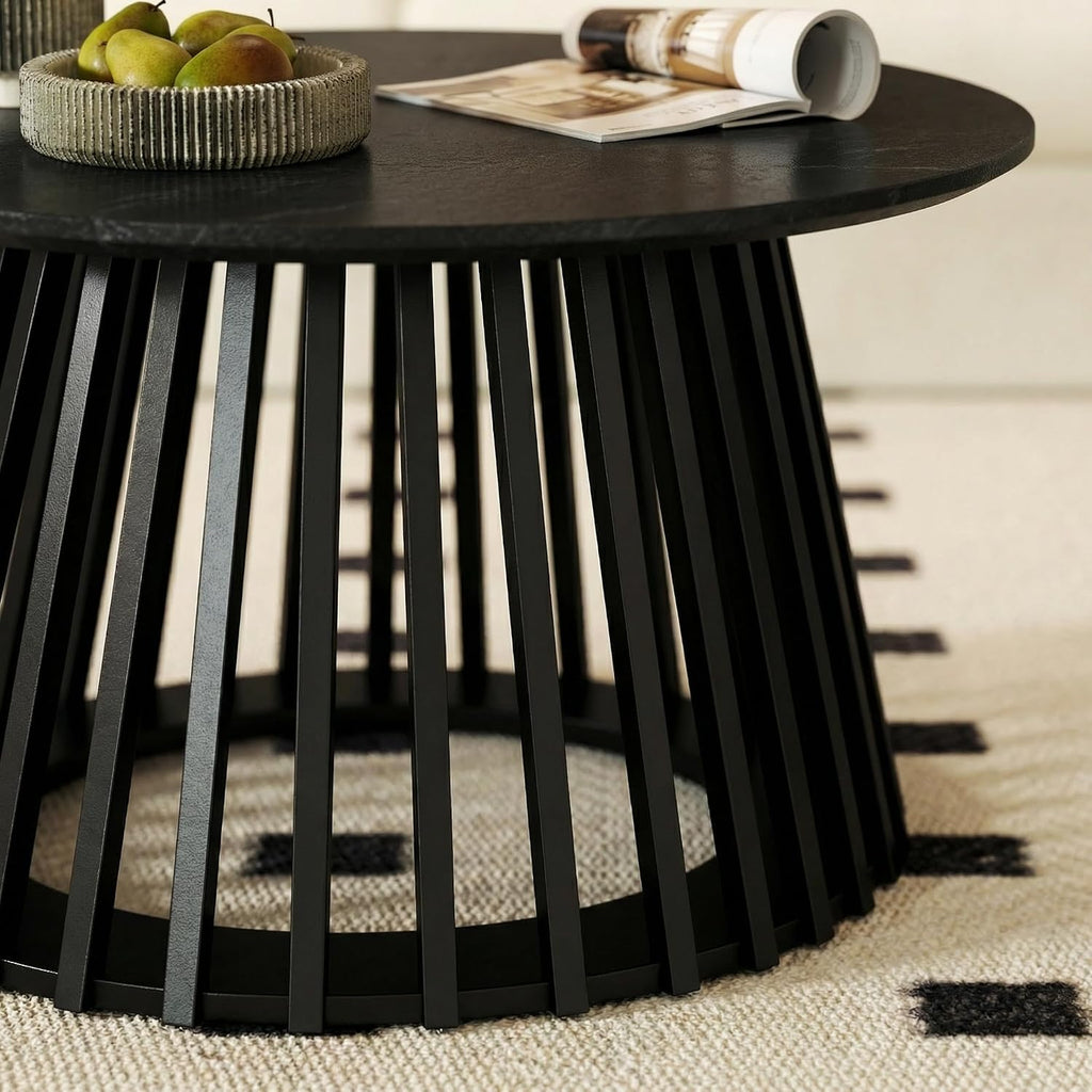 HNY Modern Black Round Coffee Table for Living Room, Mid Century Wood 31.5' Circle Small Center Table with Wooden Fluted Base for Home Small Space, Bedroom, Apartment, Studio