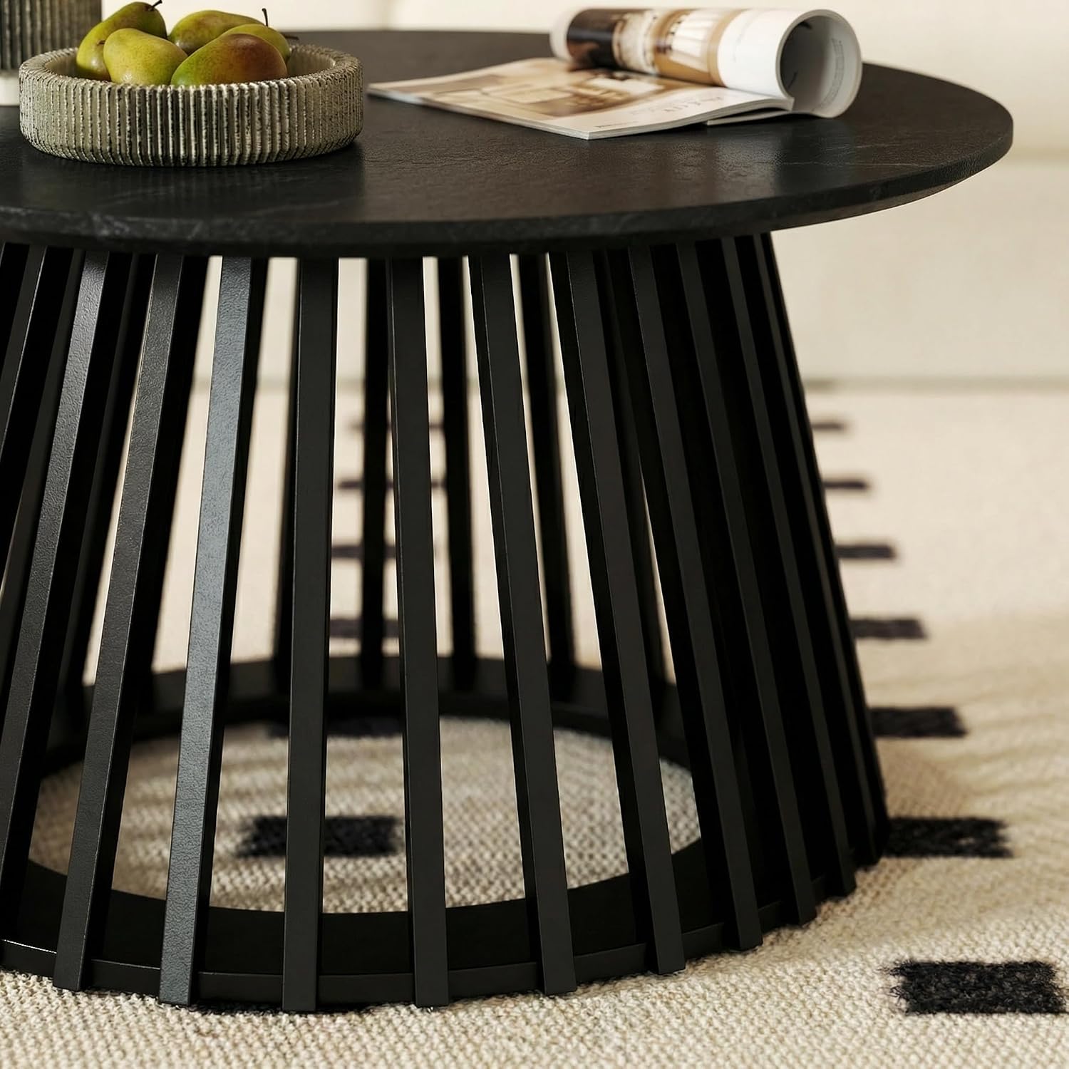 HNY Modern Black Round Coffee Table for Living Room, Mid Century Wood 31.5' Circle Small Center Table with Wooden Fluted Base for Home Small Space, Bedroom, Apartment, Studio
